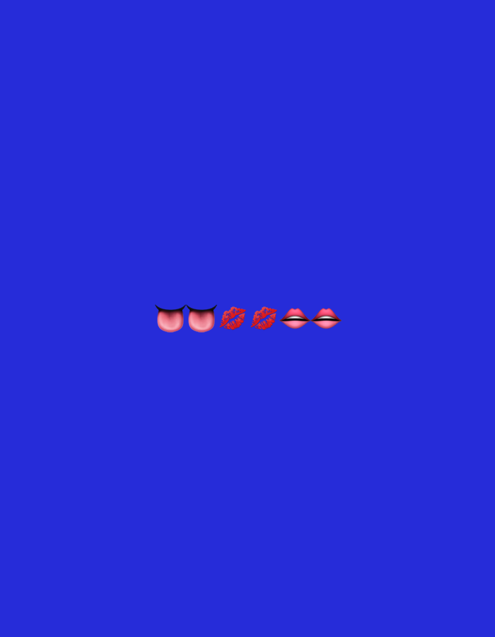 The image is a minimalist digital graphic with a solid royal blue background. In the center of the frame, there is a horizontal row of emojis. From left to right, the emojis are: a pair of pink devil horns, a pink tongue sticking out, two red kiss marks, and a pair of open pink lips. The emojis are rendered in a 3D style, with highlights and shadows to give them a glossy appearance. The overall composition is simple and graphic, with the bright emojis standing out against the deep blue background. There is no discernible text or indication of a specific time of day, weather, or location. The emojis themselves suggest a playful or suggestive tone, but without further context, no specific activity or event can be determined.