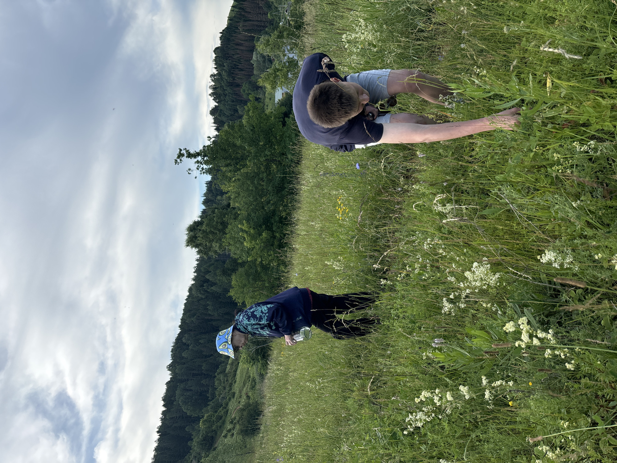 In the city of Olkhovka, Russia, two individuals are present in a grassy field with a wooded hillside in the background under a cloudy sky. A person wearing a blue bucket hat with avocado prints, a dark blue hooded jacket with teal patterns, and black pants is holding a clear plastic bottle in their right hand. They are facing left and bending slightly forward. To the right, a younger person wearing a dark blue crewneck shirt and light gray shorts is bending down, reaching into the tall grass with their right hand. The environment consists of dense, green vegetation with numerous wildflowers, including small white blooms. The ground is uneven and covered in grass and various plants.