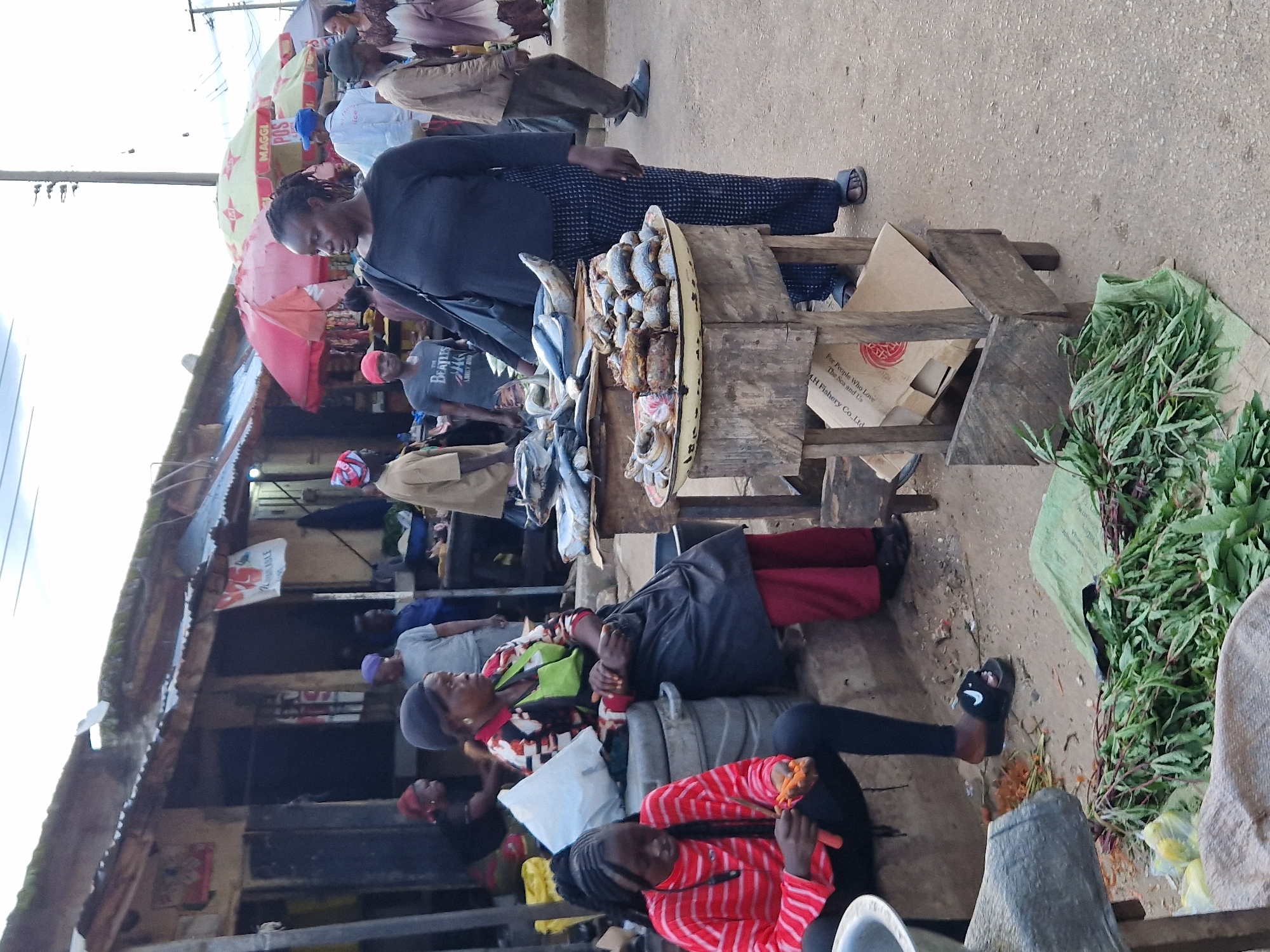 This is a medium shot of an outdoor market scene in an unknown city. In the foreground, a young woman with braided hair wearing a red and white striped long-sleeved shirt and black leggings is seated on a large gray container and peeling carrots. To her right, an older woman wearing a black headwrap, a colorful patterned top, and a green apron is seated and looking to her left. She is wearing a dark skirt and sandals. Between the two women are various market stalls and goods. In the mid-ground, several people are visible, some standing and some walking. A woman in a black top and patterned pants stands prominently, facing left and holding a dark bag over her shoulder. She is standing next to a wooden stand displaying trays of fish. Behind her, a man in a tan jacket walks away from the camera. In the background, market structures with corrugated metal roofs are visible, along with umbrellas and more people. Green leafy vegetables are spread out on the ground in the lower left corner of the image. The ground is paved with concrete.