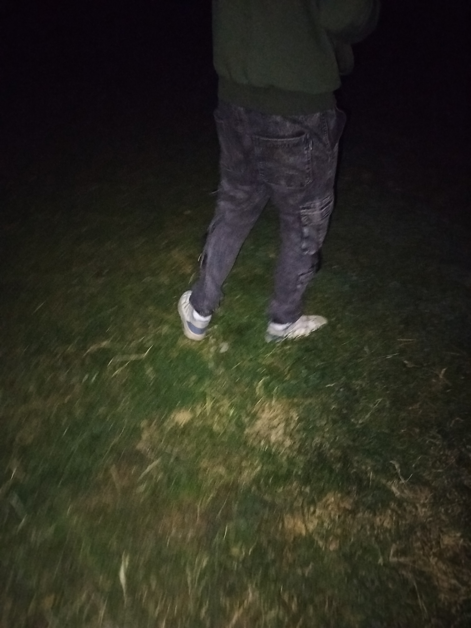 This low-light photograph captures a person walking outdoors at night in Ustyvytsia, Ukraine. The subject is seen from the lower torso down, dressed in a dark green or olive-colored hoodie or sweatshirt and dark gray or faded black jeans, which appear to have cargo pockets. They are wearing white sneakers, with the right shoe featuring light blue accents.
The person is actively walking, suggested by the dynamic pose of their legs and the motion blur present throughout the image, particularly on their lower body and the surrounding environment. The ground beneath their feet is covered in grass, visible despite the darkness and blur, indicating an open, grassy area such as a field or park. The background is almost entirely black, offering no discernible details or landmarks beyond the immediate ground. The overall impression is one of movement in very dim lighting conditions. No text is visible in the media file.