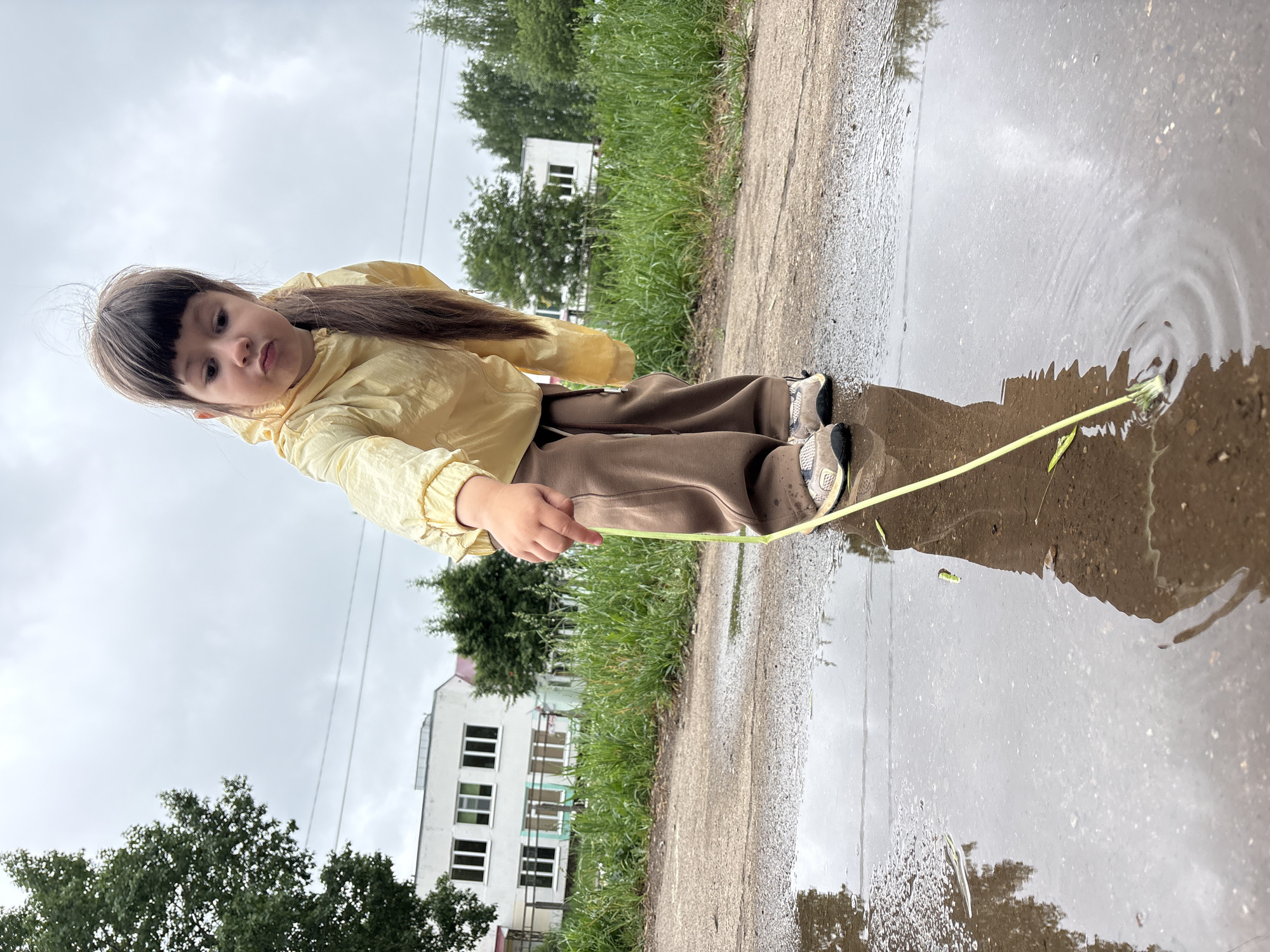 A young child with dark hair and bangs is standing next to a large puddle on a paved surface, possibly a road or sidewalk. The child is wearing a light yellow jacket and brown pants, and their shoes are partially submerged in the puddle. They are holding a long piece of grass or a thin stem, using it to make ripples in the water. The child is positioned towards the left side of the image, angled slightly downward as if looking into the puddle.
The environment includes patches of green grass and a multi-story building with white walls and dark-framed windows in the background. Overhead power lines are visible against a cloudy sky. The overall setting suggests an urban or suburban area after a rainfall.
While the location in the city of Chaikovsky, Russia is not explicitly mentioned or visually discernible, the description captures the essential details of the scene.