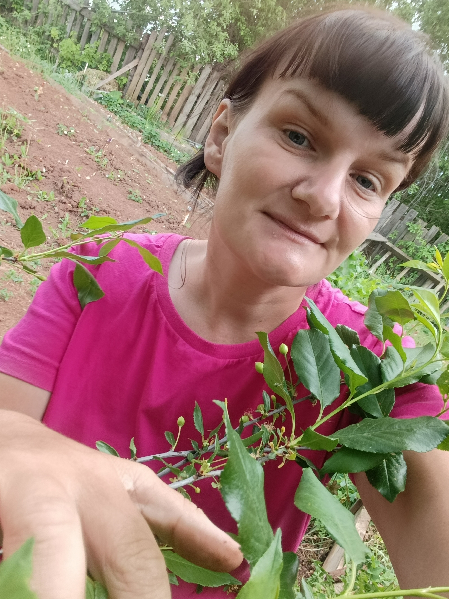 A woman with fair skin, blue eyes, and short brown hair with bangs is posing for a selfie in a garden. She is wearing a pink t-shirt and holding a branch with green leaves and small green buds. The background shows a garden with reddish-brown soil and a wooden fence. The location is Фоки, Russia.