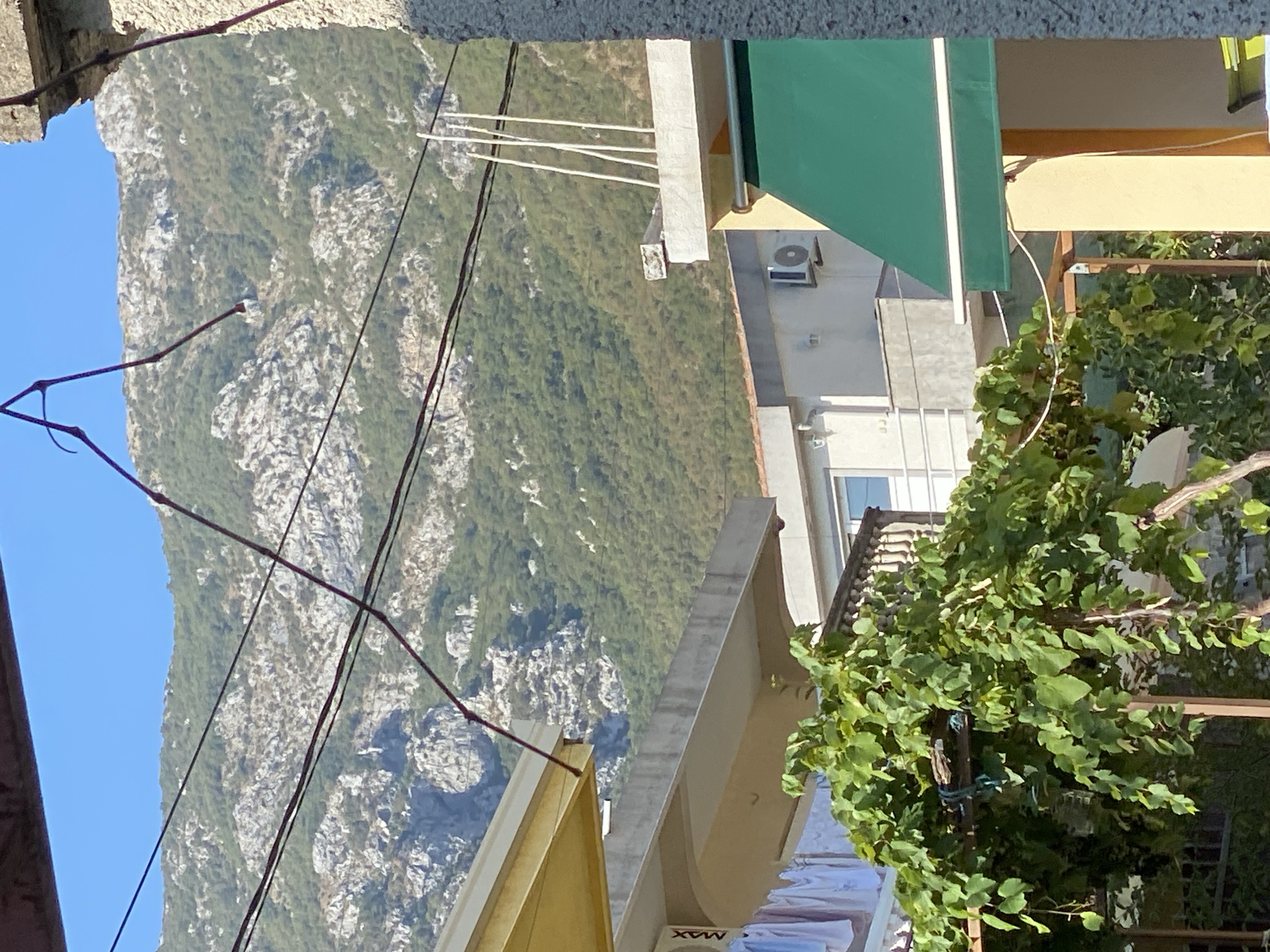 In Zgrade, Montenegro, a close-up view captures a residential area with a mountainous backdrop. In the foreground, a lush green vine with broad leaves drapes over a wooden structure. To the left, white laundry hangs on a clothesline attached to a building with a yellow awning. Further back, a multi-story building features a balcony with white railings and several air conditioning units visible. Another building to the right has a prominent green awning. Dominating the background is a large, rocky mountain covered with sparse green vegetation. Power lines crisscross the scene, with a distinctive reddish-purple wire forming a diagonal line against the blue sky. The lighting suggests it is daytime, with strong sunlight casting shadows.