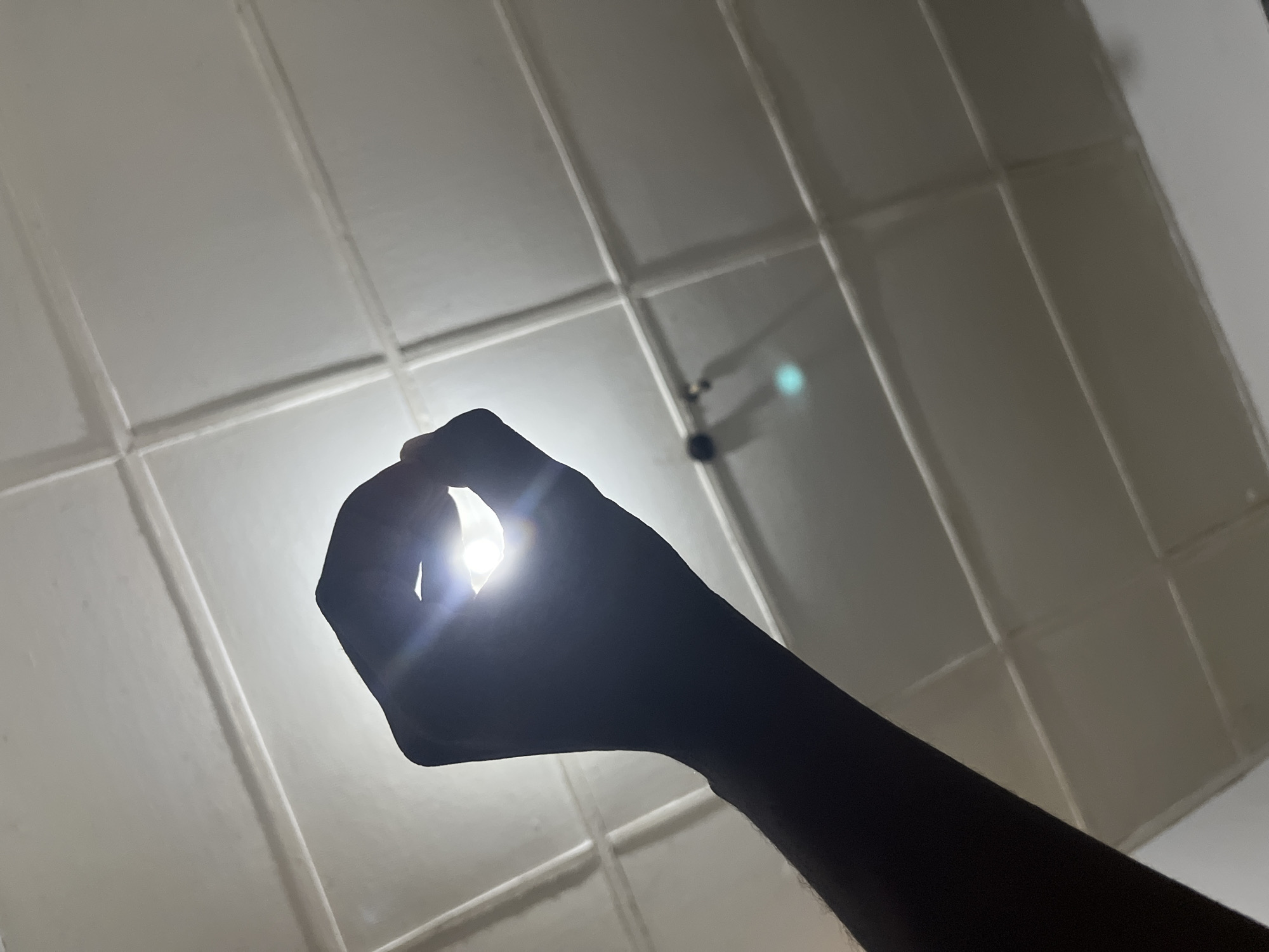 The image shows a silhouetted hand cupped to form a circle, through which a bright light source is visible. The light is so intense that it appears as a lens flare, with rays of light emanating outwards. The hand itself is dark and indistinct, with only its outline clearly defined against the bright light. The background is a textured white surface, possibly a ceiling, with a grid-like pattern of intersecting lines. There are two small, circular objects visible in the background, one darker and one with a bluish tint, which might be fixtures or reflections. The perspective suggests the camera is looking upwards. The overall impression is one of capturing or containing light. The time of day, weather, location, and any emotional context are not discernible from the image. There is no visible text.
