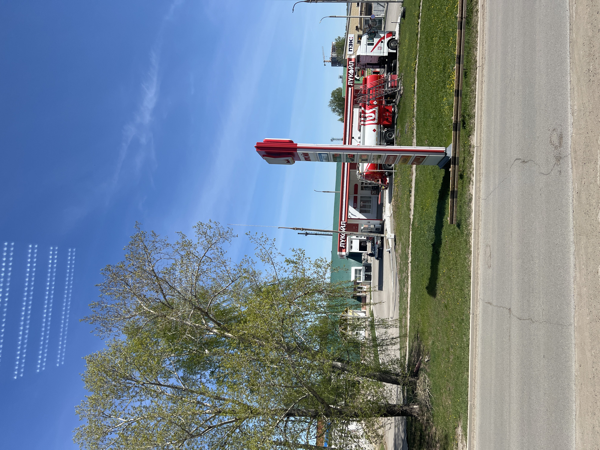 The image depicts a street scene in the city of Chaikovsky, Russia, featuring a LUKOIL gas station on the right side of the frame. A prominent tree with green foliage stands on the left, partially obscuring the sky where parallel rows of light artifacts are visible. A road runs horizontally through the lower part of the image. Trucks with LUKOIL branding are parked next to the gas station. The sky is clear and blue.