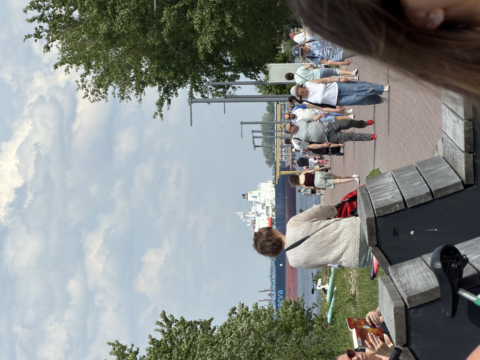 This image depicts a bustling waterfront promenade on a bright, partly cloudy day, likely within Saint Petersburg, Russia. The upper half of the frame shows a wide expanse of light blue sky punctuated by numerous white and grey cumulus clouds.
Dominating the mid-ground is a large ship, identified by the white text "Minerva" on its dark blue hull, with a distinct red section below the waterline. The ship features a prominent white superstructure, a dark funnel, and several cranes or masts, and appears to be moving from left to right across a wide body of water. A distant, hazy green shoreline is visible beyond the ship.
The lower half of the image showcases a reddish-brown paved promenade, textured with a rectangular pattern, teeming with people. Lush green deciduous trees with dense foliage line both sides of the pathway. A series of modern, tall grey lampposts or light fixtures extend along the right side of the promenade.
In the immediate foreground on the left, a woman with dark hair and sunglasses is seated, holding and reading a red-covered book. A black bicycle seat is visible in front of her. Moving towards the center, a woman with short, light brown hair, wearing a cream-colored, patterned long-sleeved top and light trousers, walks away from the viewer, with a dark strap across her shoulder and a red bag partially visible behind her.
Further along the promenade, a diverse group of people is walking. Visible individuals include a man in a grey t-shirt and dark trousers with red shoes, walking towards the viewer; a man in a white polo shirt and blue shorts; an older woman in a white sun hat, white sleeveless top, and wide blue jeans, carrying a dark shoulder bag; and another older woman in a blue patterned top and a dark baseball cap. Several other indistinct figures populate the background of the promenade. On the grassy bank between the promenade and the water, a light green paddleboard or kayak and a white scooter are parked.