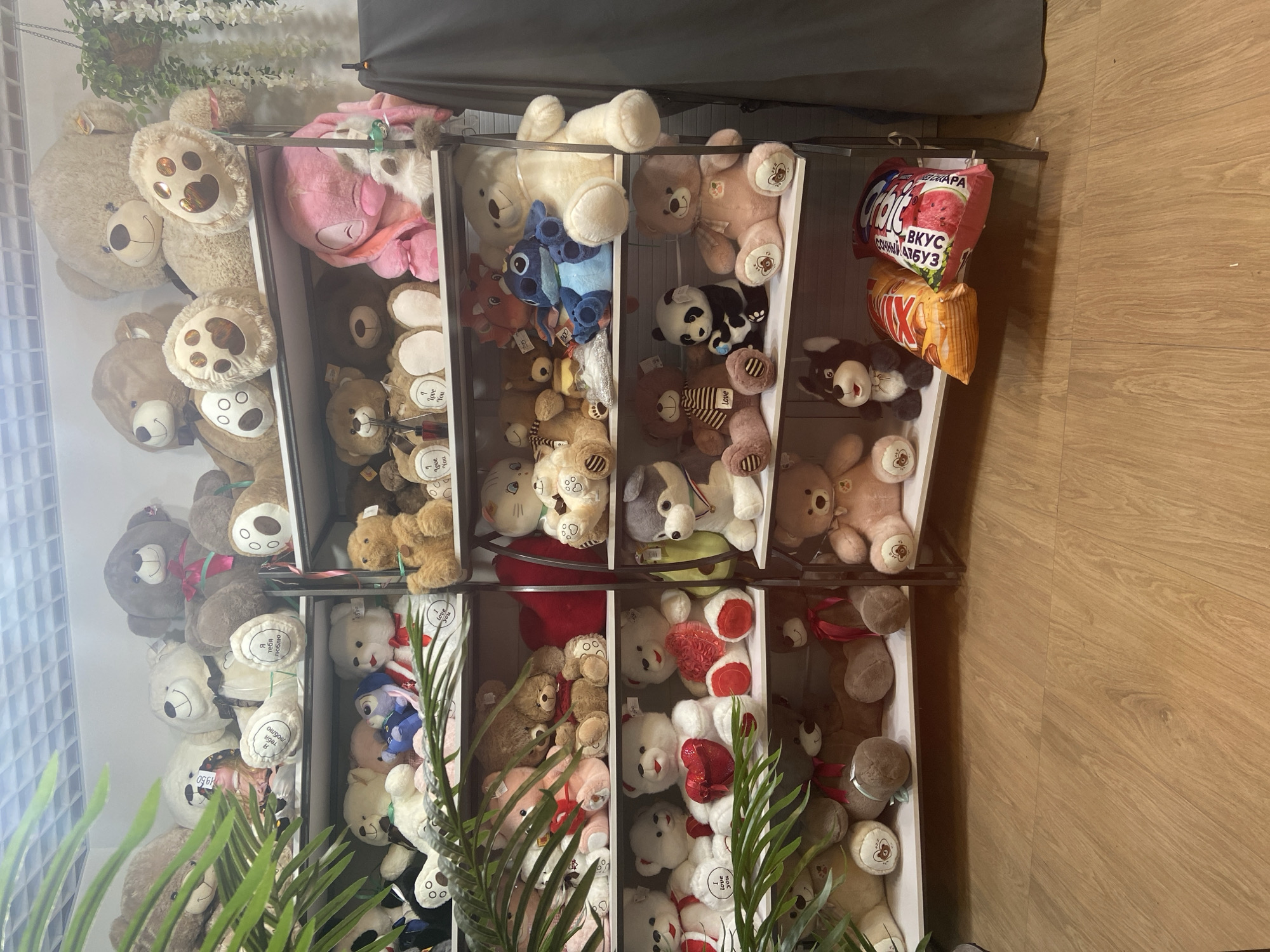 This is a photograph of a retail display of stuffed animals, primarily teddy bears, in a shop. The items are arranged on white shelves of a metal display unit. The shelves are filled with teddy bears of various sizes, colors, and styles, some with bows or hearts. On the lower shelves, there are also some other stuffed toys, including a panda and a blue character resembling Stitch from Disney. Two colorful bags, possibly pillowcases or plush toys, are on the bottom shelf on the right side of the image. The background shows a white wall with some hanging plants and a black curtain on the right. The floor is made of light-colored wooden planks. The lighting appears to be artificial, possibly from overhead fluorescent lights. There are no people visible in the image. The overall impression is that of a well-stocked toy store or a section of a larger store dedicated to plush toys. The presence of Cyrillic text on some of the items suggests a location in a Russian-speaking country. The context provided indicates the image was taken in Ufa, Russia.