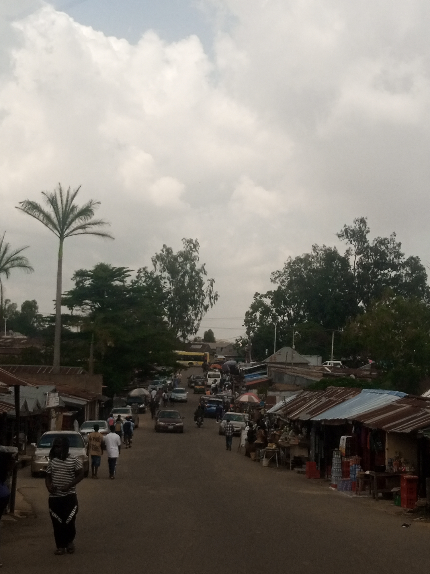 This is a medium shot, eye-level, horizontal, outdoor, daytime, candid photograph of a street scene in a city. The sky is overcast with thick, gray clouds. The street is paved and appears to be in a market area, with stalls lining the right side of the road.
On the left side of the street, there are buildings and some trees, including a tall palm tree. Several cars are parked or driving on the street. A person in a striped shirt and black pants is standing in the foreground, facing away from the camera and looking towards the street.
The right side of the street features numerous open-air stalls with corrugated metal roofs. These stalls display various goods, including drinks in crates, clothing, and other items. People are seen walking on the street and browsing at the stalls.
In the background, more cars, buses, and buildings are visible, suggesting a bustling urban environment. The overall impression is of a busy marketplace in a somewhat rustic setting.