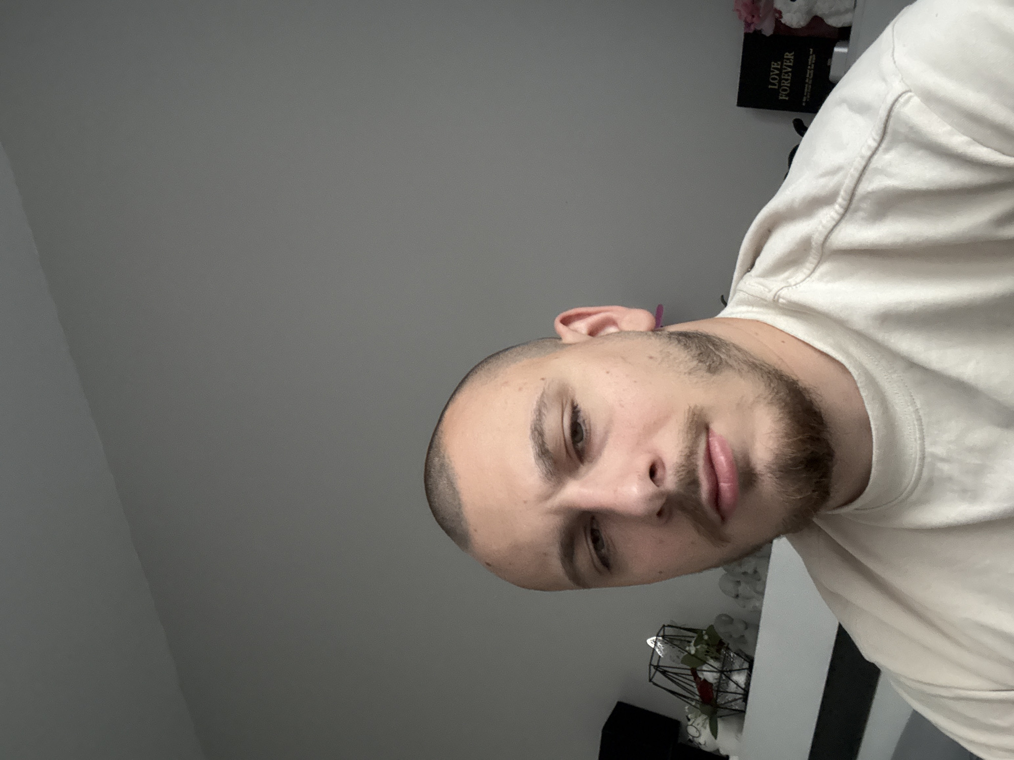 An indoor selfie captures a young man with short, buzzed hair and a short beard, wearing a light-colored t-shirt. He looks directly at the camera with a neutral, calm expression. The image is tilted, taken from an upward angle, with the man's head on the left and his body extending to the right.
The background consists primarily of a plain gray wall. To the upper right, a white shelf or surface holds several decorative items. A black object, possibly a book or plaque, prominently displays the white text "LOVE FOREVER." Above this, two white, fluffy decorative items are partially visible. Towards the lower right, a black geometric wire basket containing artificial red and green flowers sits on a white surface, possibly a mantelpiece or shelf. A small pink object is noticeable near the man's right ear, possibly an earbud or accessory. The setting suggests a casual moment within a modern home interior in Stara Zagora, Bulgaria.