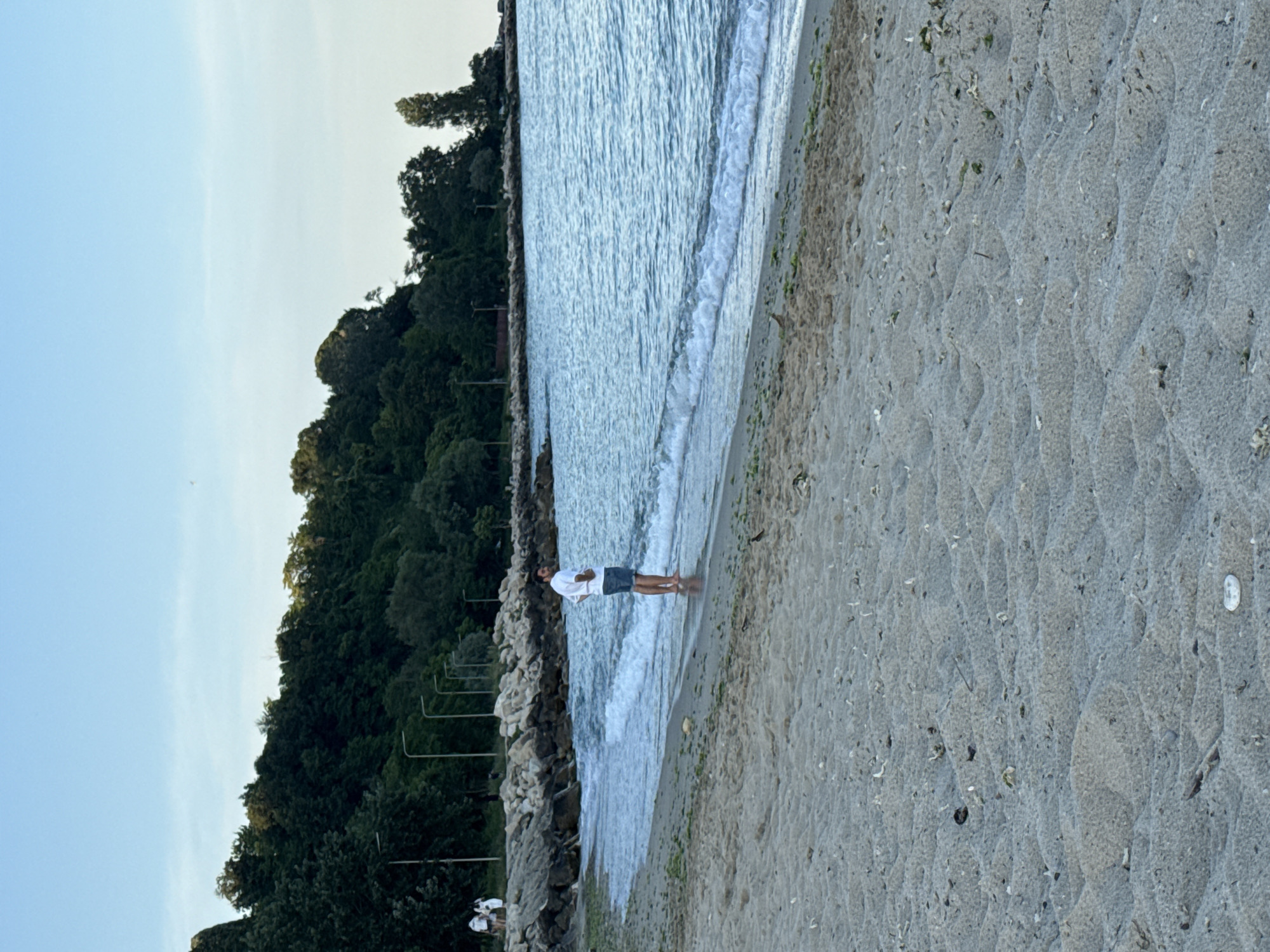 A lone man stands at the edge of the water on a sandy beach. He is wearing a white t-shirt and denim shorts, with his hands on his hips, looking out at the sea. The water is calm with small waves gently lapping at the shore. Behind the beach, a rocky embankment is visible, topped with lush green trees. A few streetlights are spaced along the embankment. In the distance, more trees and vegetation line the coast. The sky above is a pale blue with a few faint clouds. The sand in the foreground is light brown and textured, with some scattered debris.
