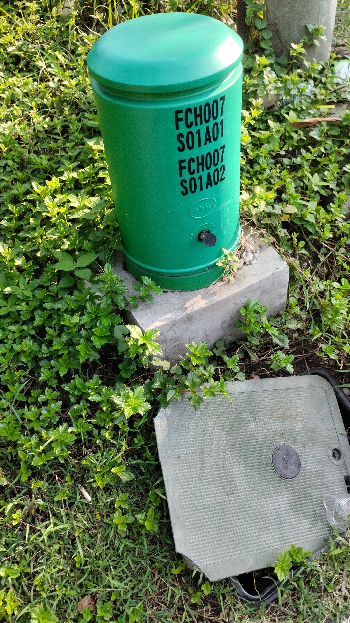 The image depicts an outdoor scene in Sidodadi, Indonesia, focusing on a green, cylindrical utility box situated on a concrete base amongst lush green vegetation. The utility box has black lettering that reads "FCH007 S01A01" and "FCH007 S01A02". Below this, a circular emblem with text is visible, which appears to say "Linknet". There is a small black lock mechanism on the side of the cylinder. To the right of the cylinder and slightly in front, a green, square utility box lid is resting on the ground, partially obscuring some of the vegetation. This lid has a textured surface and a circular emblem with writing. The surrounding environment is characterized by dense green ground cover, grass, and some taller green foliage. The lighting suggests it is daytime, with sunlight casting shadows. There are no people or animals visible in the image.