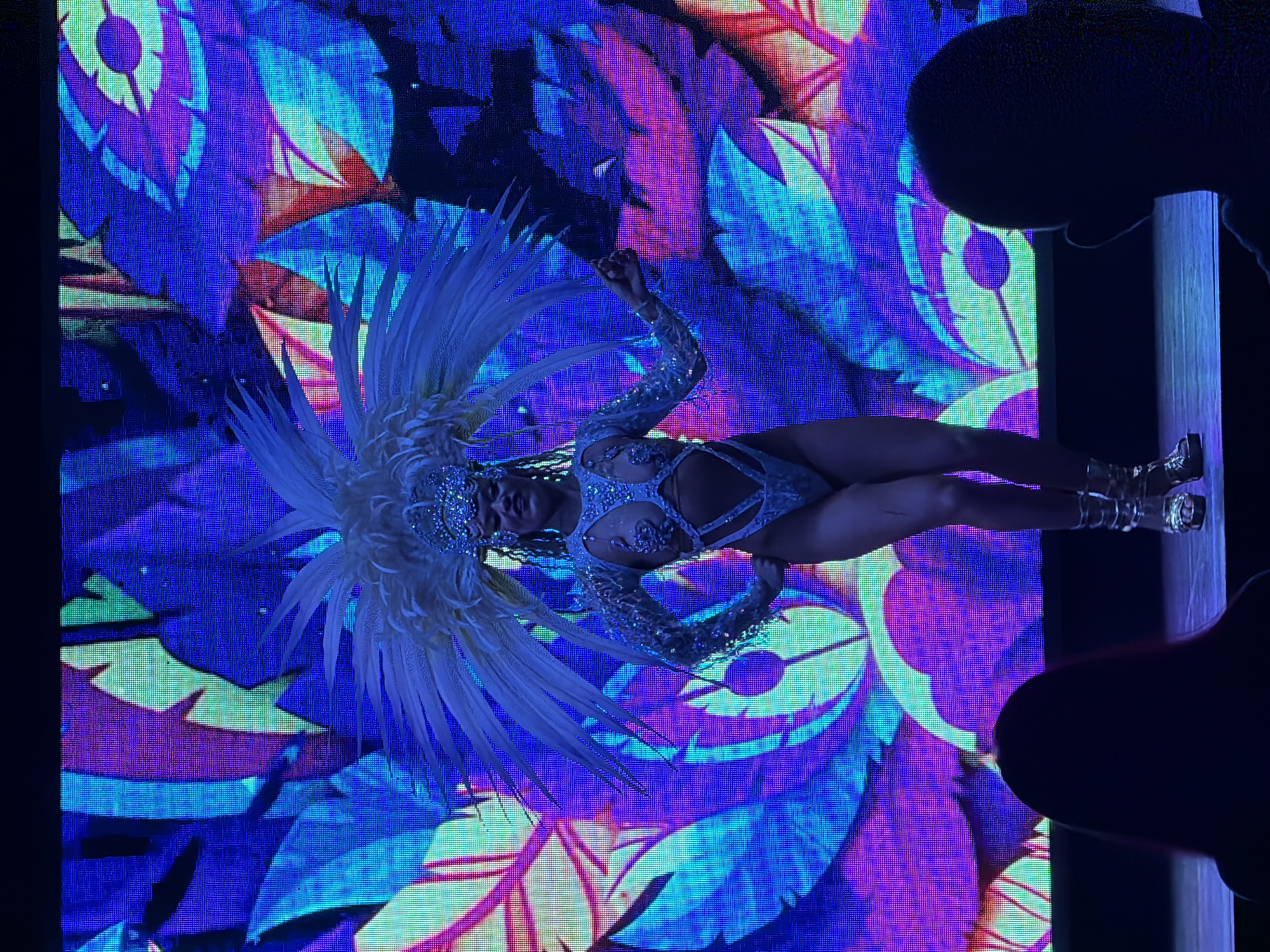 A woman in a sparkly costume and large feather headdress performs on stage in front of a colorful, abstract background. The woman, who appears to be of Black ethnicity, is wearing a white, cut-out leotard adorned with rhinestones and matching sparkly armbands. She has braided dark hair and is wearing knee-high silver platform boots. The background consists of a large LED screen displaying a vibrant, abstract pattern with shades of blue, purple, green, and pink. The stage is dimly lit, with spotlights highlighting the performer. In the foreground, the silhouettes of two audience members are visible, looking towards the stage. The overall scene suggests a live performance, possibly a cabaret show or a festival event, taking place in an indoor venue, perhaps the Cleopatra Beach area of Manavgat, Turkey, known for its entertainment venues.