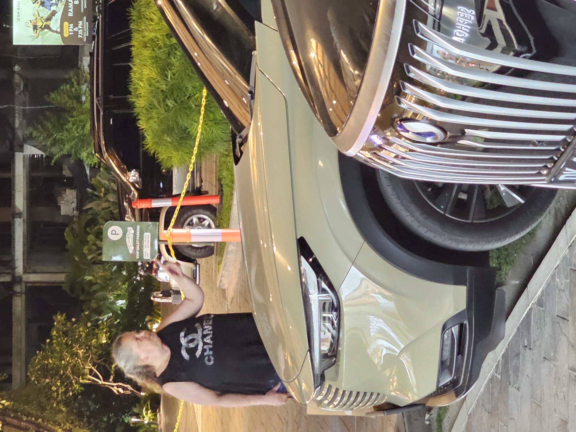 A nighttime outdoor scene captures a person next to a large, light-colored SUV in a valet or parking area in Denpasar, Indonesia. An adult with long, light-colored hair, wearing a black sleeveless "CHANEL" shirt, is pointing with their right hand while standing beside the open front passenger door of the SUV.
The foreground vehicle is a modern, light-khaki colored SUV or crossover, identified by "AURORA" text on its side. It features a distinctive chrome-accented front grille and sleek headlights, with numerous light reflections on its glossy surface. A dark-colored vehicle, possibly another SUV or van, is partially visible in the background.
The setting is a paved outdoor space with lush green trees and bushes surrounding the area, typical of a tropical climate. A green "VVIP VALET PARKING" sign is prominently displayed near the person, alongside an orange and white traffic cone and a yellow chain barrier. In the background, a larger sign displays "ICON BALI" along with showtimes "DAILY 1PM & 7.15 PM RAMA B CONTEMP," suggesting an entertainment venue or complex. The dark ambient light and visible reflections confirm it is evening or night.