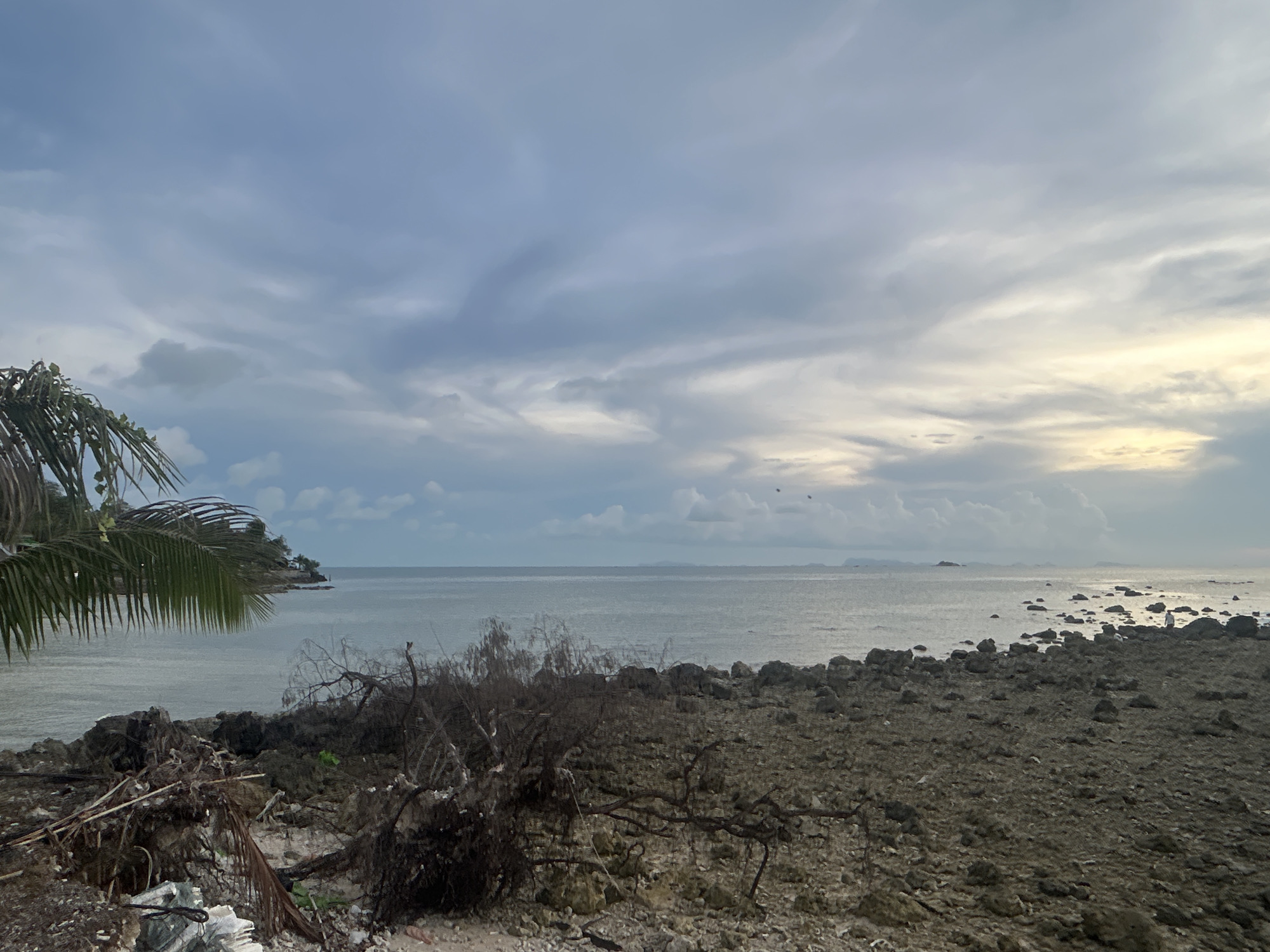 The image captures a coastal scene near Baan Sri Thanu, Thailand, marked by a rocky shoreline and a cloudy sky. In the foreground, the ground is predominantly rocky and littered with debris, including broken branches and what appears to be discarded trash, suggesting the aftermath of natural events or human impact. A dead or dying bush lies centrally in the scene, accentuating the state of decay or disruption.
To the left, a palm tree partially obscures the view, indicating the vegetation typical of tropical coastal regions. The calm sea stretches towards the horizon, where small islands or landmasses are faintly visible.
The sky is overcast, with layers of clouds that suggest either an approaching storm or the end of the day, as some areas are lit by the setting sun. Overall, the scene conveys a sense of ruggedness and environmental vulnerability, typical of coastal areas in the aftermath of storms or environmental degradation. There are three birds flying in the sky. A person is standing on the rocks near the water to the right of the frame.