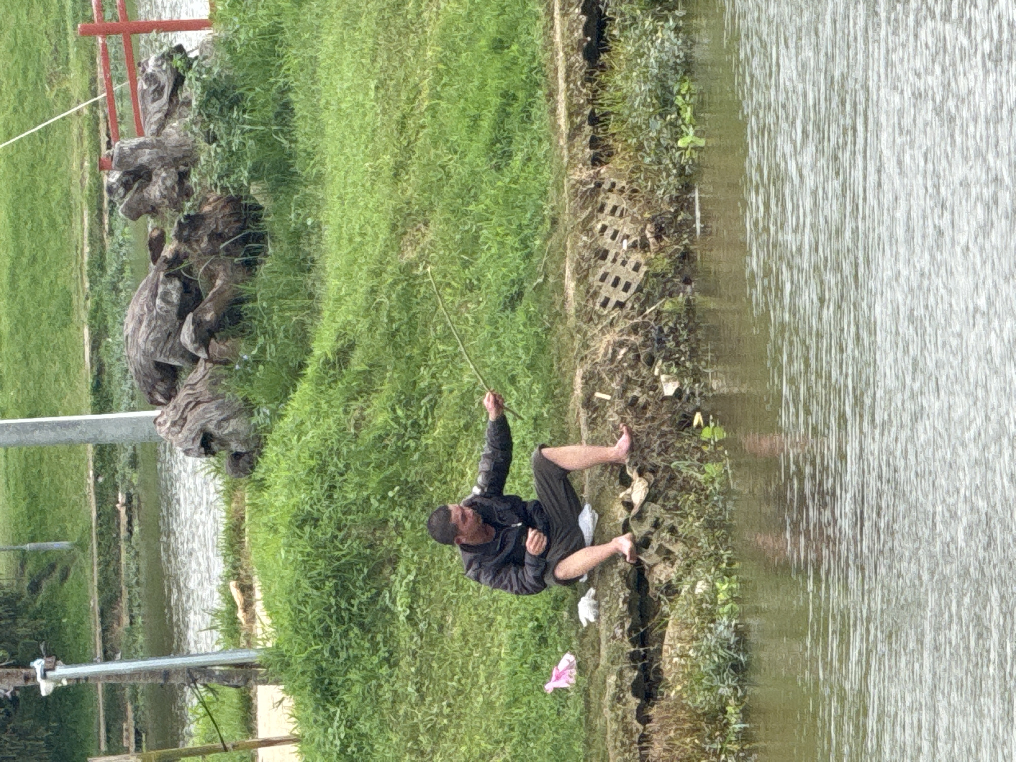 A man is depicted fishing from the edge of a calm body of water. He is seated barefoot on the muddy bank, wearing dark pants and a dark jacket or shirt, holding a slender stick or pole as a simple fishing rod. His gaze appears to be directed towards the water, indicating focus on his activity.
The immediate surroundings feature a strip of green grass behind the man, leading up to what appears to be large, gnarled tree stumps or roots further inland. The water itself has a somewhat murky appearance with ripples on its surface, suggesting a pond or a slow-moving river. Near the man on the bank, there are several pieces of what look like discarded plastic or fabric, including a pink item and a white one. A metal grate-like structure is also visible embedded in the bank by the water's edge.
The scene is set outdoors during daylight hours, likely under an overcast sky or diffused light, as there are no harsh shadows. The overall impression is one of quiet, solitary activity in a natural or semi-natural environment, consistent with the location context of Phường Xuân Hương - Đà Lạt, Vietnam. There is no visible text in the image.