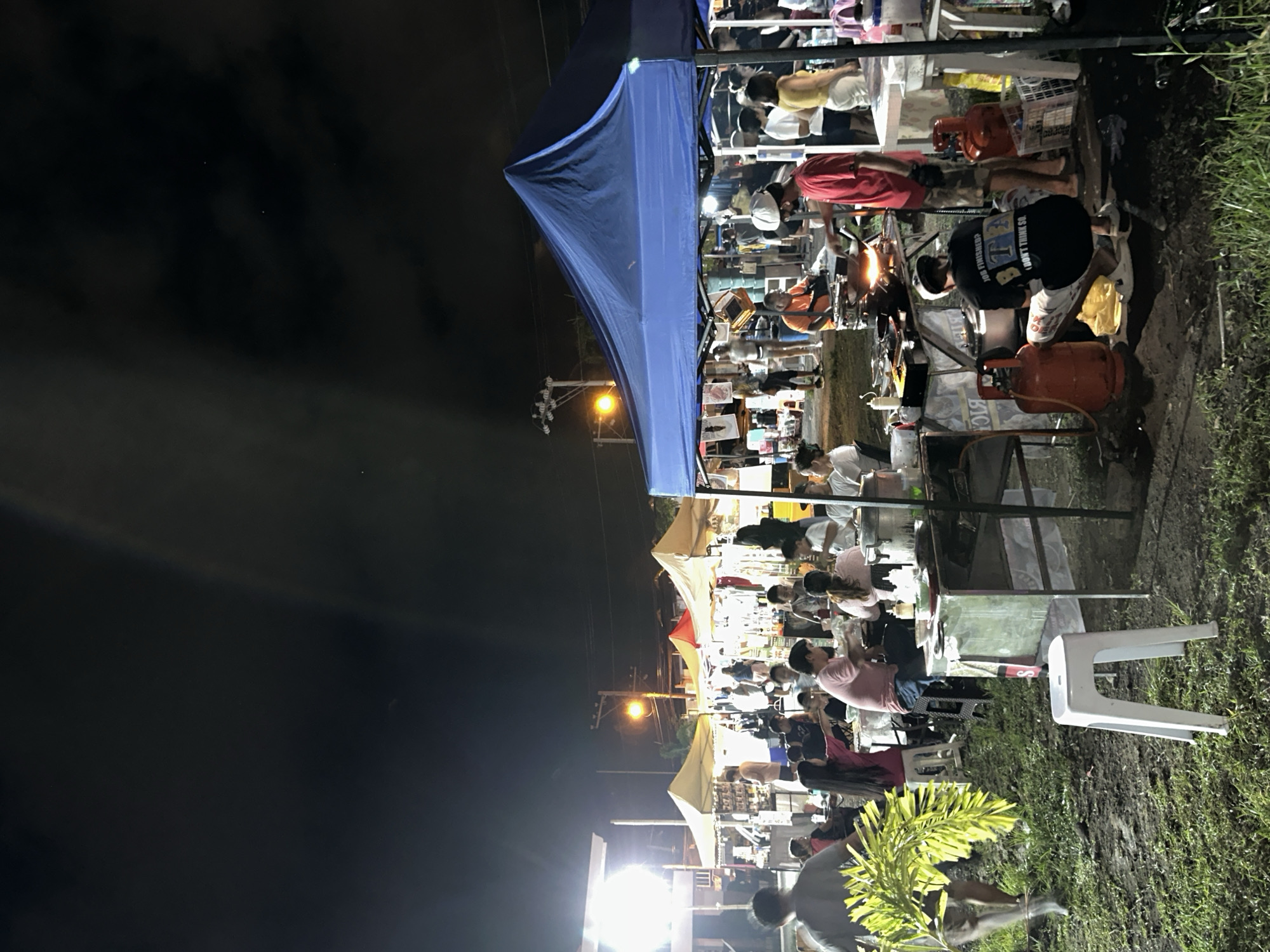 This image depicts an outdoor night market or food bazaar in Davao City, Philippines. The sky is dark, indicating nighttime, with faint cloud formations visible. The area is illuminated by multiple artificial light sources, including bright white bulbs attached to tent structures and a yellow-orange street lamp in the mid-ground.
Several temporary pop-up tents are erected across the scene. A prominent large blue tent occupies the right foreground, beneath which a person in a red shirt and white cap is actively cooking in a wok on a portable stove. To the left of this station, a person in a black t-shirt with white lettering ("JOB FINISHERS / I DON'T THINK SO.") is crouching on the ground near a cooking setup, flanked by an orange LPG tank. A second orange LPG tank is visible to the right of the cooking area. Further back, multiple beige/tan tents and one red tent are visible, sheltering additional food stalls and patrons.
Numerous individuals are present throughout the scene. Many are seated at white plastic tables and stools under the tents, engaged in eating and socializing. One white plastic stool stands empty in the left foreground. On the far left, a person in a grey shirt is walking, partially obscured by vibrant green foliage.
The ground is uneven, composed of exposed dirt paths and patches of sparse grass. In the background, utility poles and overhead power lines are visible against the dark sky, connecting to distant, vaguely discernible structures. The scene conveys an active, communal outdoor dining environment.
