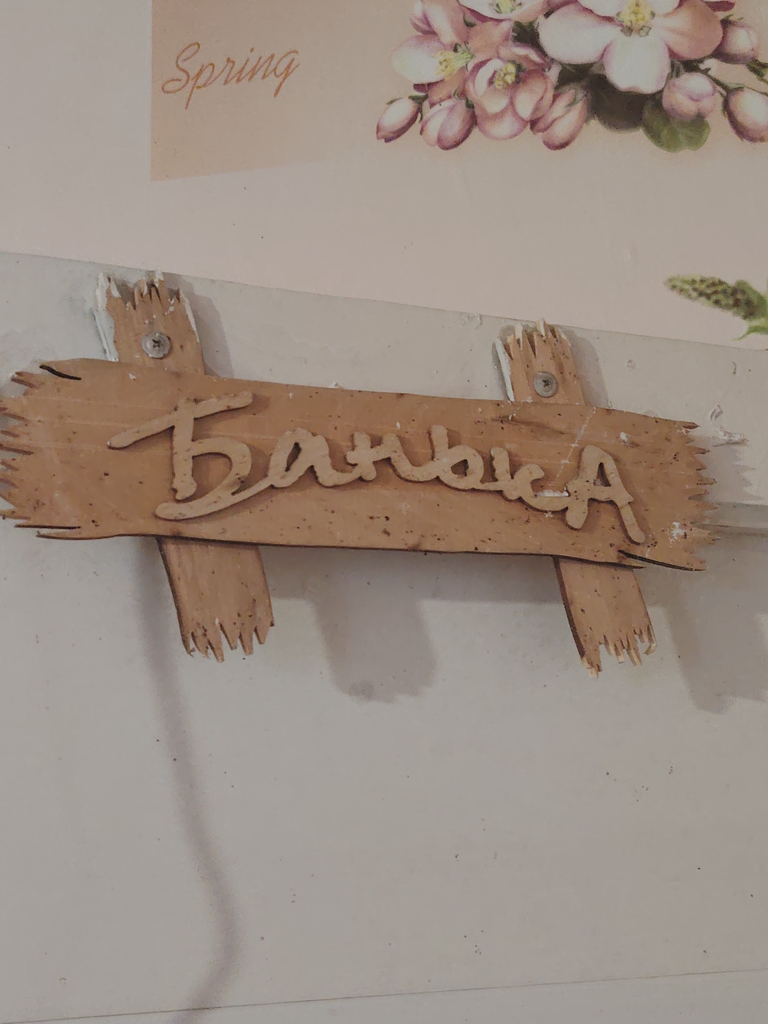 The image depicts a close-up, slightly angled view of a wooden sign that reads "Баня" in Cyrillic script, which translates to "Banya" or "Bathhouse" in English. The sign is made of light-colored wood and has a rustic, distressed appearance with frayed edges. It is attached to a white wall with visible screws and what appears to be some sort of white adhesive or plaster. Above the sign, a portion of a decorative print is visible, featuring the word "Spring" in cursive English and an illustration of pink blossoms. The overall environment suggests an interior setting, possibly a rural or traditional dwelling. There are no people or animals present in the frame. The lighting is soft, and the focus is on the sign itself. There is no information in the image to suggest a specific location in the city of Степное, Russia.