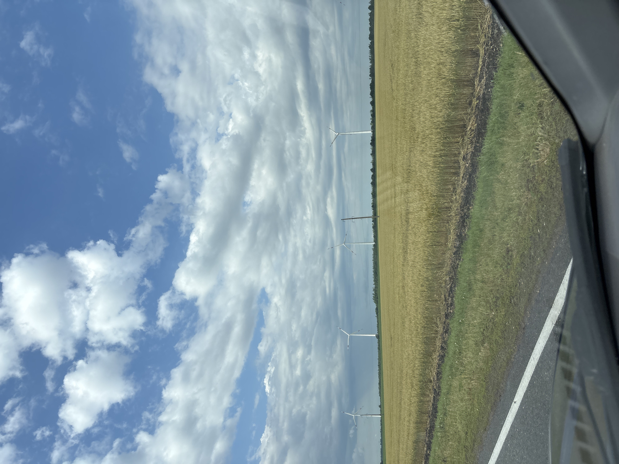 In the city of Zarevo, Russia, a field of ripe wheat stretches under a sky filled with dramatic clouds. The golden stalks of wheat are densely packed, suggesting a bountiful harvest. A road with a white line marking runs along the left side of the frame, indicating its proximity to a transportation route. In the distance, several wind turbines stand tall, their blades gracefully poised against the horizon, symbolizing renewable energy generation. The scene is dominated by the natural elements of the sky, clouds, and the vast agricultural landscape.