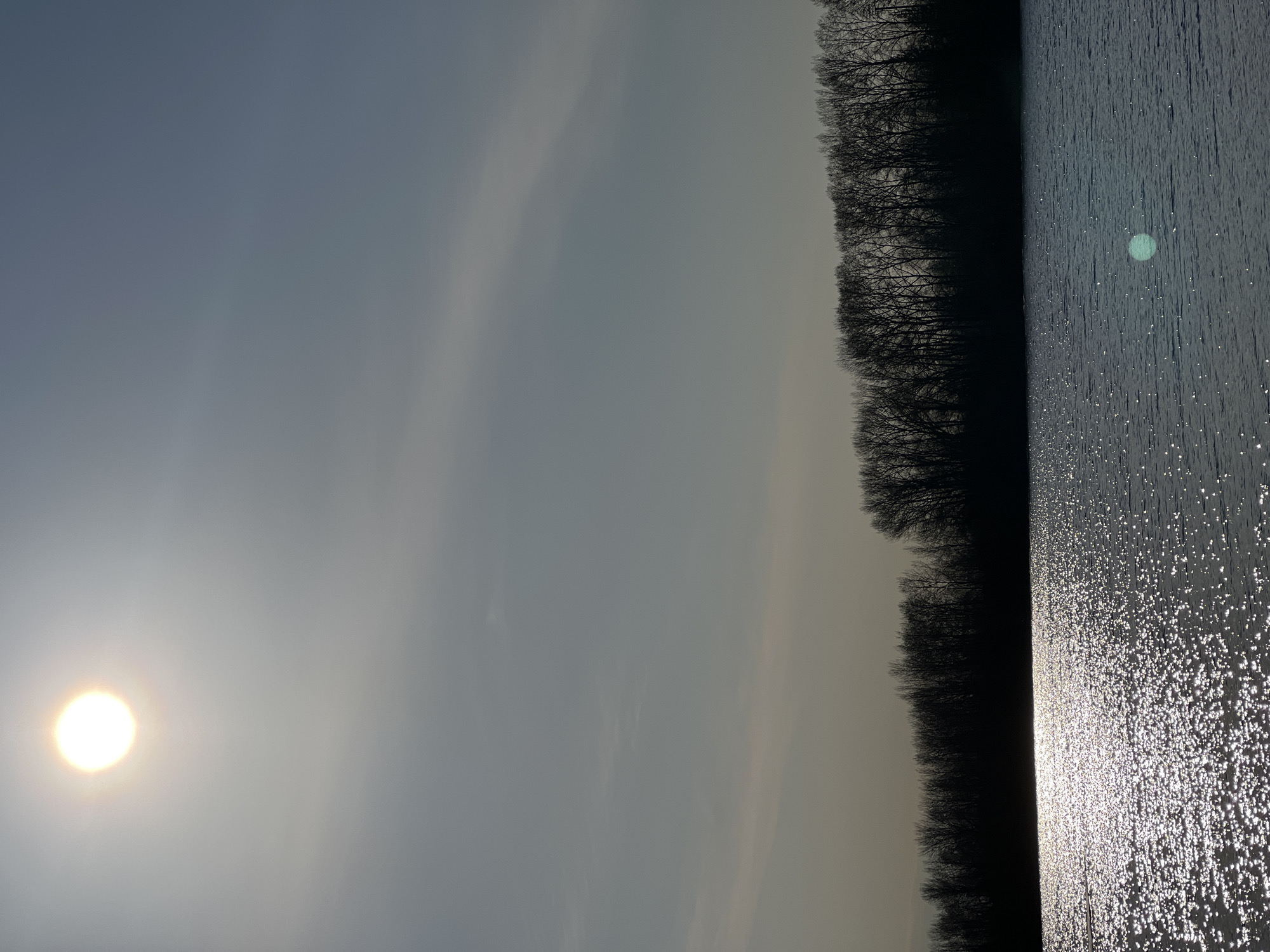 The image depicts a body of water, likely a lake or river, adjacent to a treeline. The sun is visible in the sky, creating a glare on the water's surface. The treeline appears dark and dense, possibly indicating a forest or wooded area. The sky is overcast, with a pale blue hue. The photo is possibly taken in Chaikovsky, Russia.