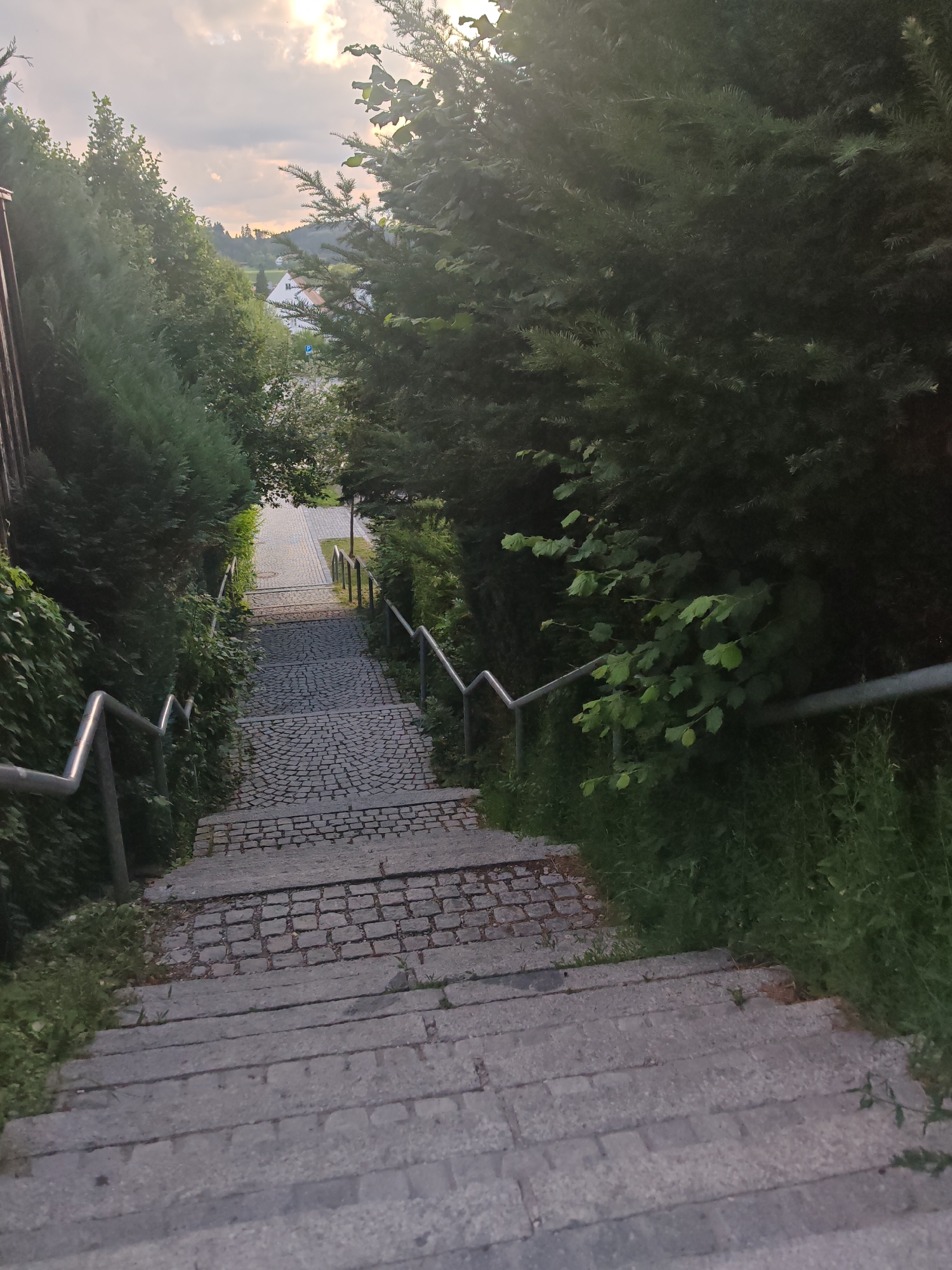The image shows a descending stone staircase with metal handrails on both sides, bordered by lush green foliage. The staircase is paved with large, rectangular stone slabs in the foreground and transitions to a cobblestone pattern further down. The surrounding environment is natural and verdant, with dense bushes and trees lining the path. In the distance, a paved walkway leads towards a residential area with buildings and trees under a cloudy sky. The lighting suggests it is either early morning or late afternoon. There are no people or animals visible in the image. The location is described as Unknown, Unknown.