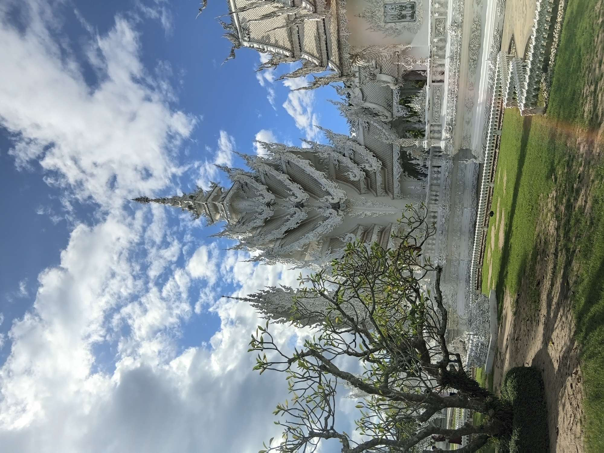 In Ban Rong Khun, Thailand, the White Temple (Wat Rong Khun) is depicted under a partially cloudy blue sky. The temple's elaborate white architecture, characterized by intricate spires and decorative elements, dominates the frame. In the foreground, a tree with green leaves is positioned to the left, its branches extending across the upper left portion of the image. The ground is covered with green grass and some bare soil, with a shadow cast by the tree. The scene appears to be captured during daylight.