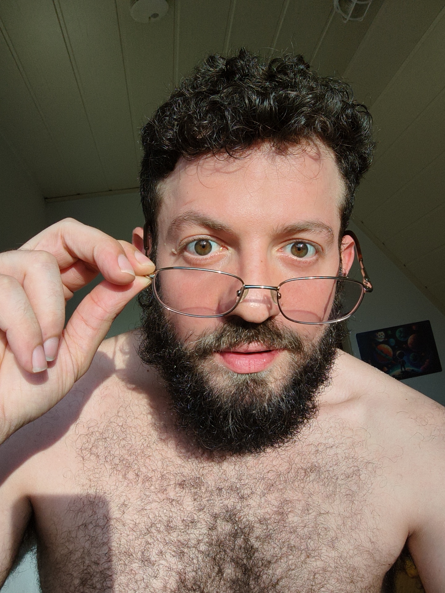 A shirtless man with dark curly hair and a full dark beard is holding a pair of eyeglasses, partially obscuring his face. He appears to be indoors, with a slanted ceiling visible in the background. A painting depicting planets and stars hangs on the wall. The location of the image is not discernible as being Diepholz, Germany, from the visual information.