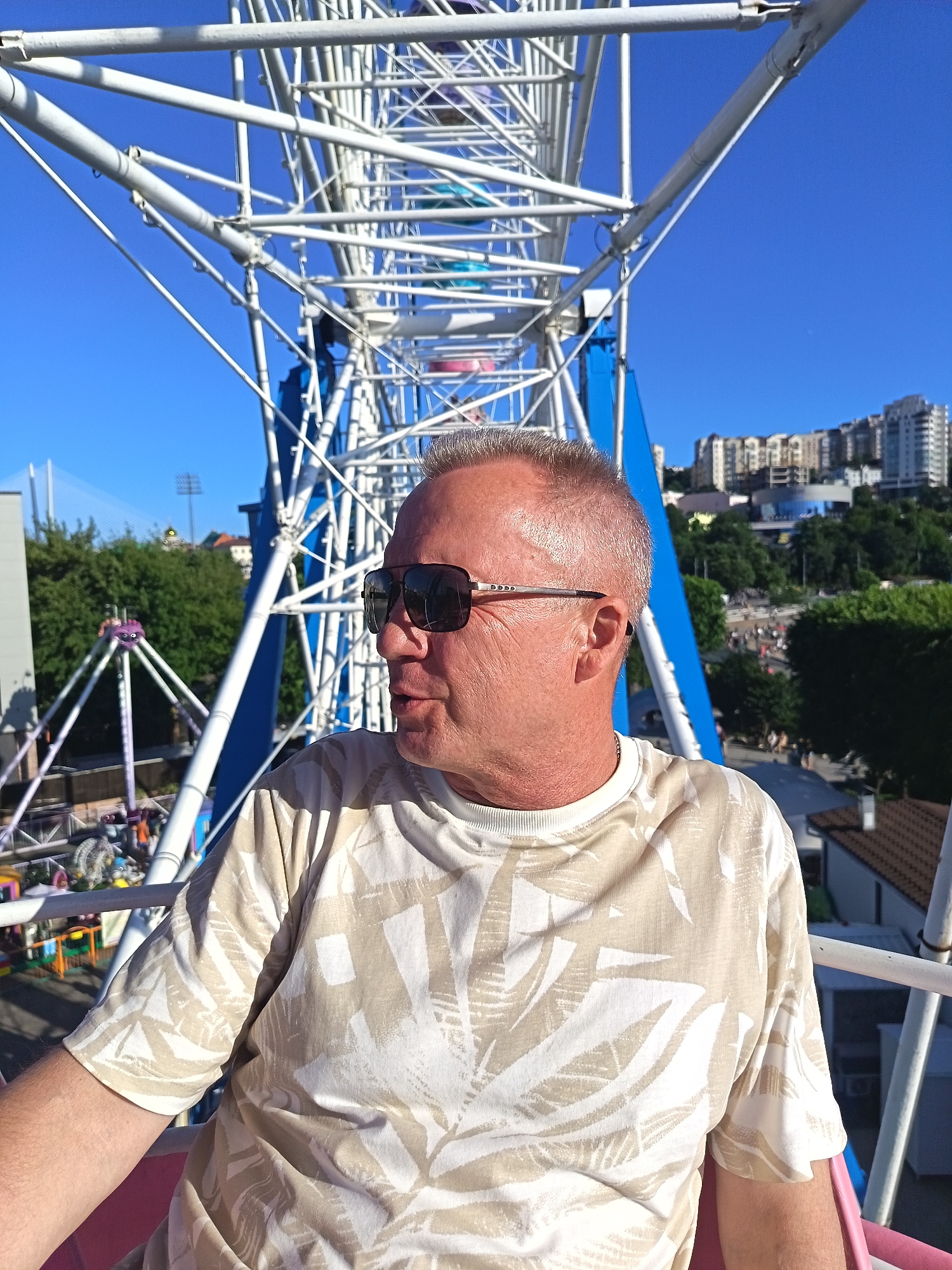 A man wearing sunglasses and a t-shirt with a tropical leaf pattern is riding on a Ferris wheel. The Ferris wheel is white and made of metal, with a bright blue sky in the background. In the distance, there are buildings and trees. The man is looking to his right, and he appears to be speaking.