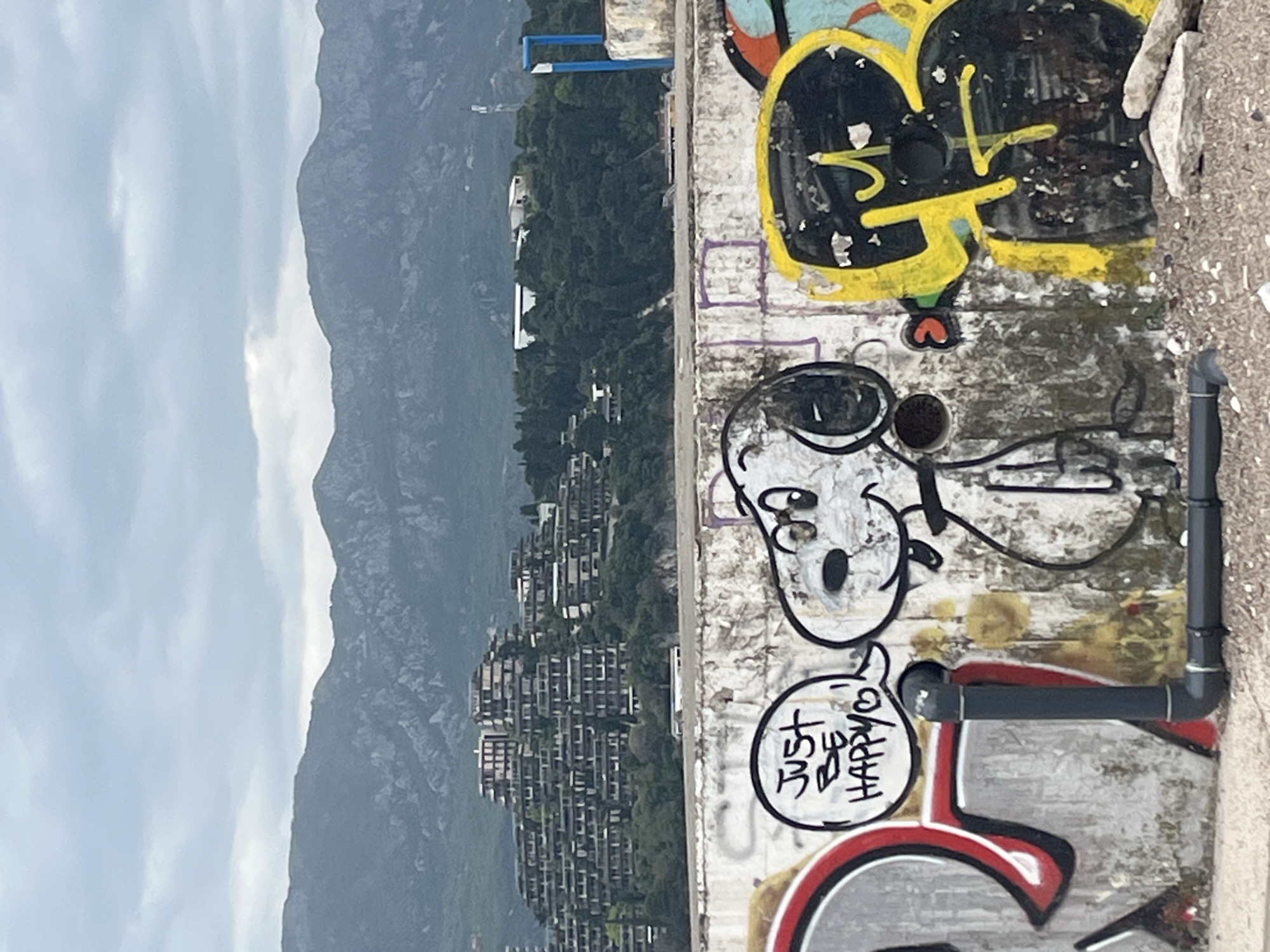 A photo of a concrete wall with graffiti in front of a mountain range and city. The graffiti includes a cartoon character that resembles Snoopy, and the words "Just be happy." The location is Budva, Montenegro. The foreground shows a concrete wall covered in colorful graffiti. There is a mountainous landscape and what appears to be a resort or residential building cluster in the background. The sky is overcast, suggesting cloudy weather.