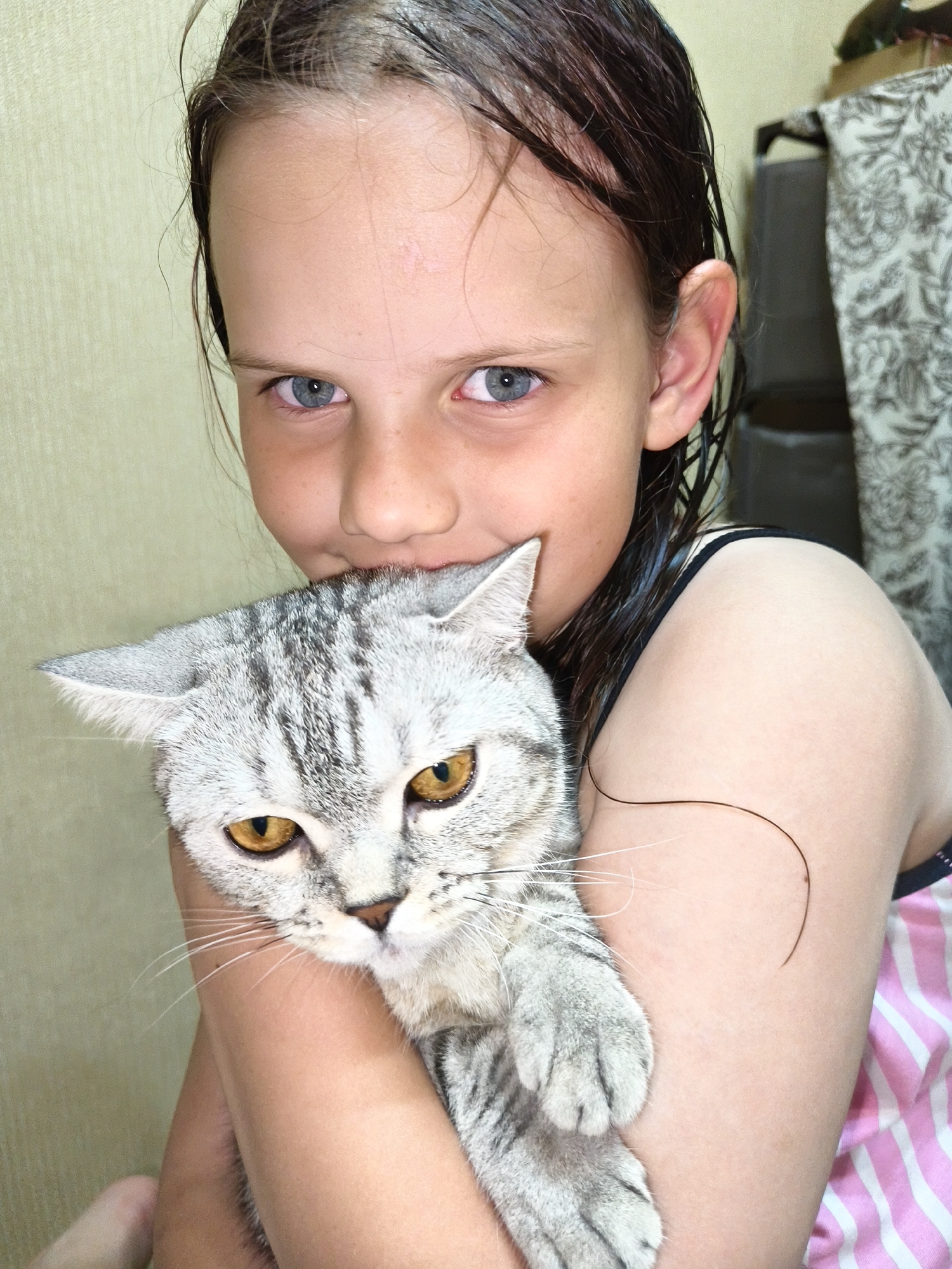 A young girl with wet, dark hair and blue eyes is holding a grey tabby cat. The girl is wearing a pink and white striped top. The cat has yellow eyes and is looking at the camera. The background is a plain, light-colored wall. The image appears to be taken indoors.