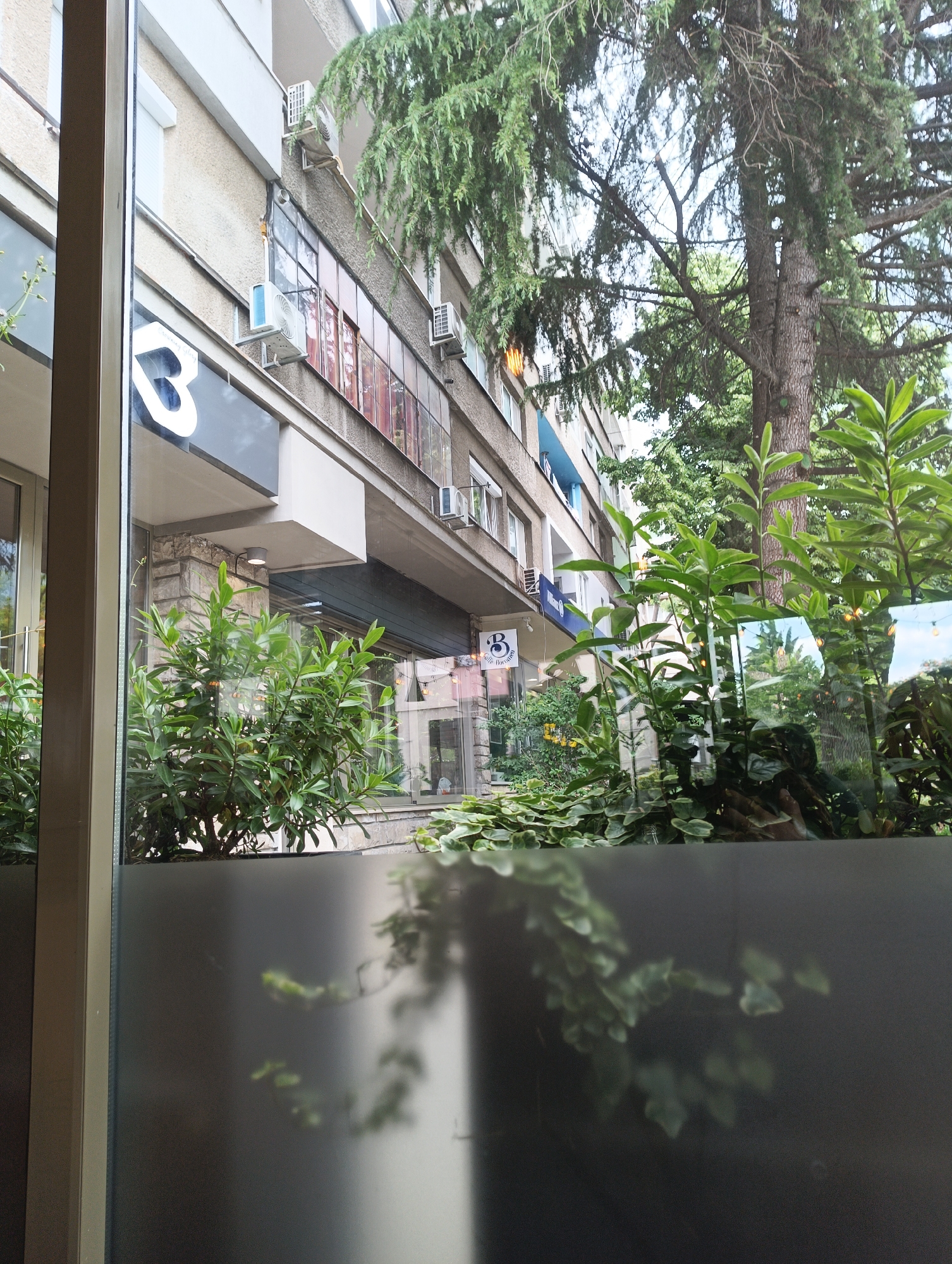 A medium shot taken from inside a building looking out through a glass window. The bottom half of the image shows a black surface with blurred reflections of green vines. Through the window, the exterior of a building is visible. The building is multi-storied, light beige in color, and has multiple air conditioning units attached to its exterior. On the ground floor, a blue logo is partially visible. Beyond the building is a tree with dense green foliage. The location is likely in Burgas, Bulgaria, as indicated by the building’s architectural style and the type of vegetation. There are no people visible in the shot, and the scene is static, capturing the urban environment.