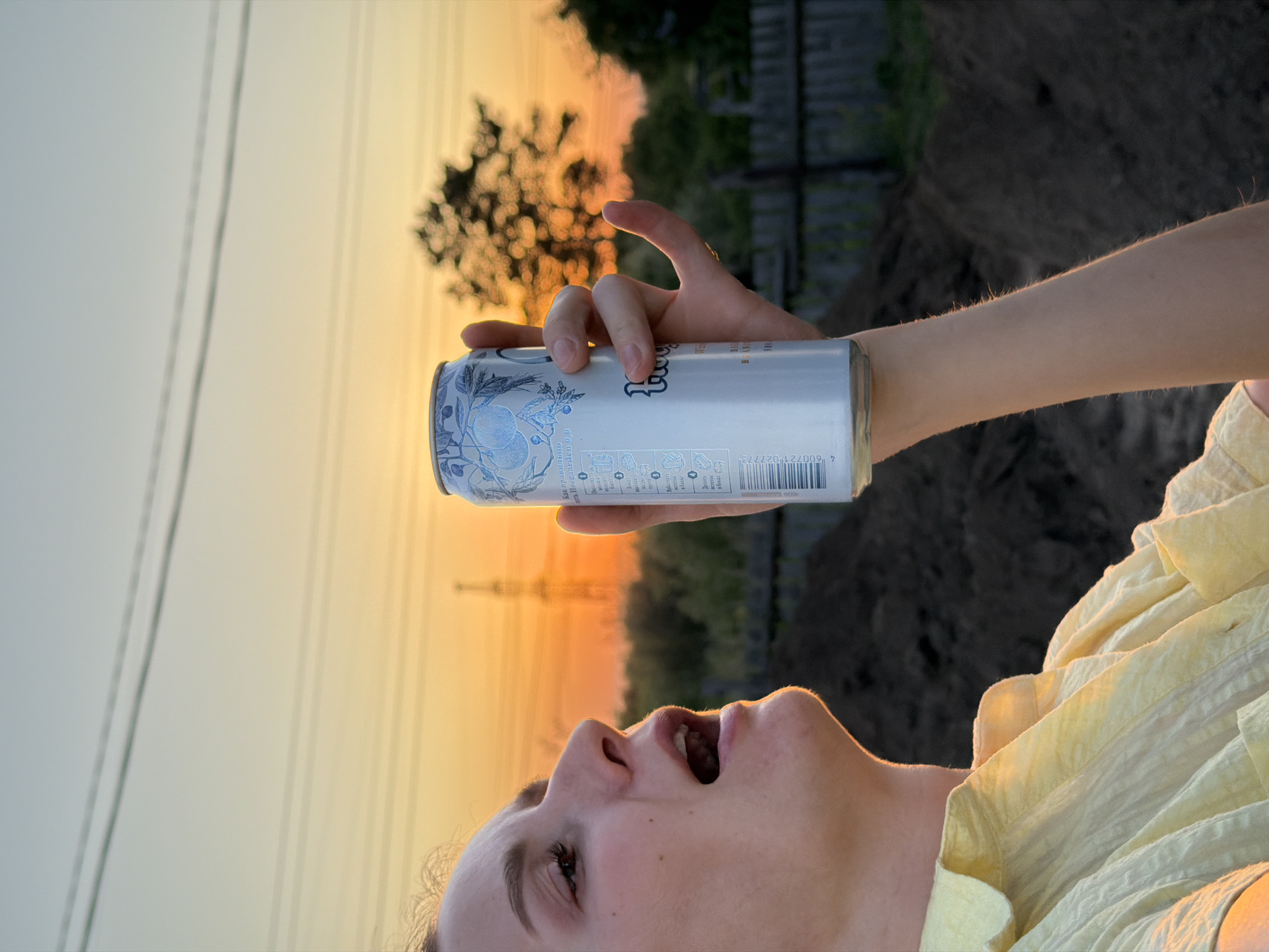 The image shows a person with their head tilted back, mouth open, and holding a can of Hoegaarden 0.0. The can is silver with blue botanical-style illustrations. The background consists of a sunset sky, power lines, a blurred tree, and a wooden fence with a dirt pile behind it. The person is wearing a yellow shirt. The text on the can includes "Hoegaarden 0.0" and a barcode with the numbers "4 600721 027773".
I cannot determine the location in the city of Chaikovsky, Russia from this single image.