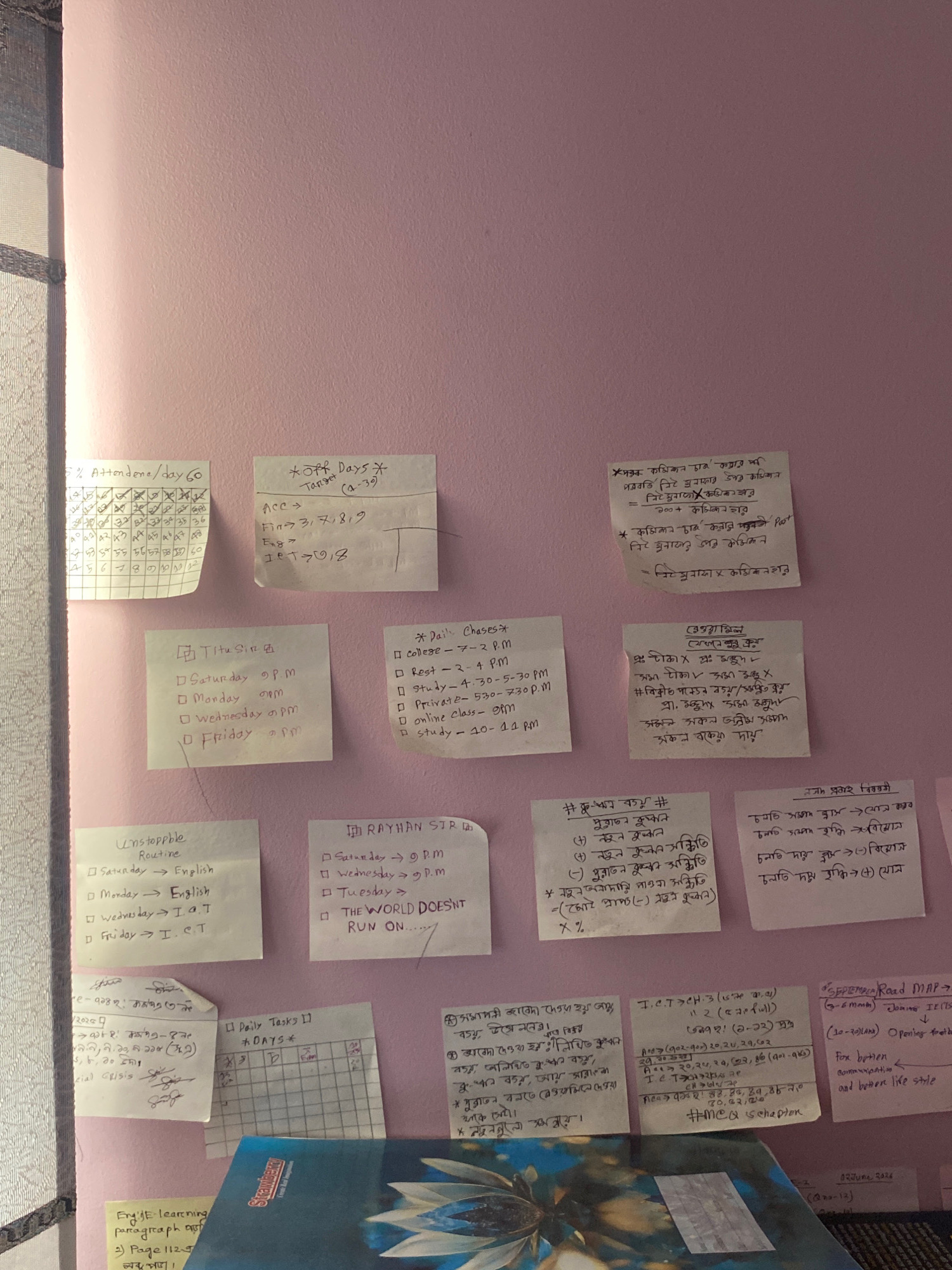 The image shows a close-up, eye-level view of a wall in Hemayetpur, Bangladesh, which is covered in numerous handwritten notes on sticky notes and papers. The wall is painted a light pink color and is partially illuminated by sunlight coming from the left side of the frame, creating a soft shadow. The notes are written in a mix of Bengali and English, with some including checkboxes, dates, times, and numerical data, suggesting a planning or tracking system. Several notes appear to be schedules or to-do lists for individuals. One prominent note, partially visible on the bottom left, is a page from a notebook with text that appears to be about learning English. The overall scene suggests a personal organization or study space.