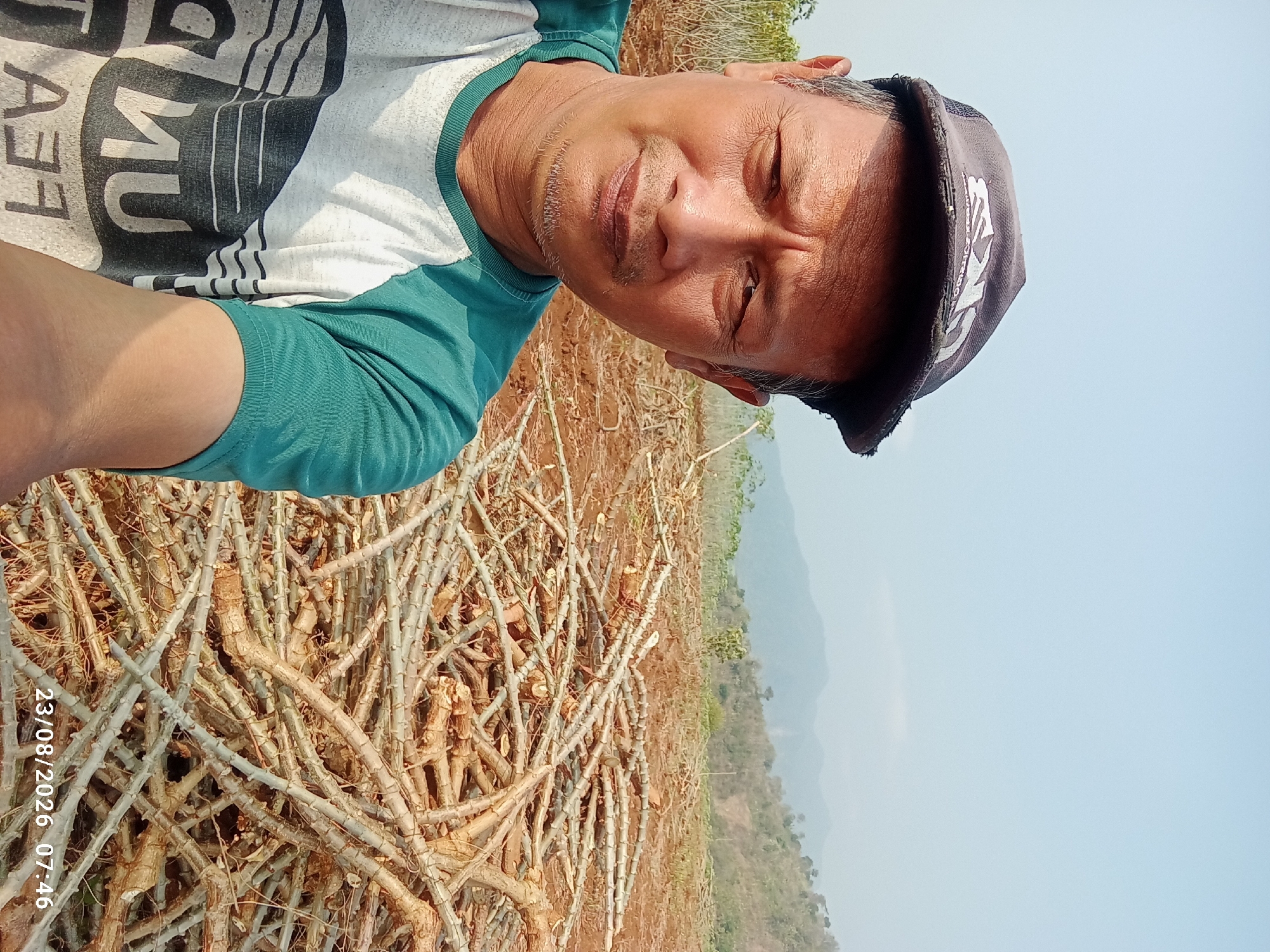 The image is a selfie taken by a man wearing a baseball cap and a t-shirt in an outdoor agricultural setting. He has a fair complexion, short dark hair, and is looking directly at the camera with a slight smile. The background appears to be a field with harvested cassava stalks piled up. In the distance, there are hills or mountains under a clear blue sky. The scene suggests a rural location, likely a farm. The timestamp "23/08/2026 07:46" is visible in the lower right corner, which indicates a future date and time. The location is identified as Gandik, Indonesia.