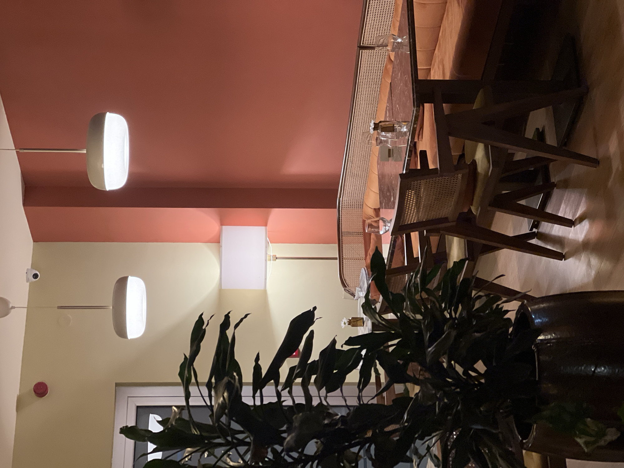 The image shows an interior space, possibly a restaurant, with a red ceiling and yellowish walls. The space is lit by modern, rounded rectangular light fixtures. A dining table with a glass top and rattan accents is positioned in the foreground, set with glasses. A plant in a dark ceramic pot dominates the lower part of the frame. Chairs with wooden frames and woven seats are placed around the table. A long, tan-colored booth is situated along the wall. The location appears to be in Bečići, Montenegro.