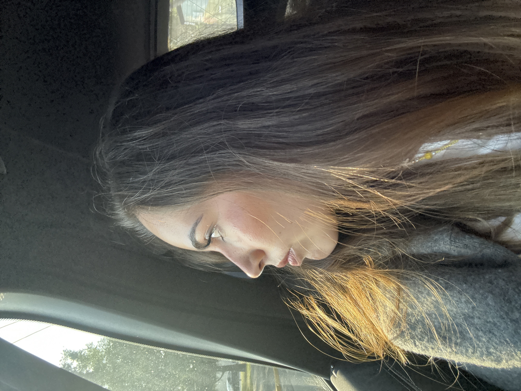 A young woman with long, brown hair sits in the passenger seat of a car. Her hair is partially illuminated by sunlight. The car is moving, as evidenced by the blurry landscape visible through the windshield. The location appears to be a street within the city of Puebla, Mexico, based on the style of buildings and vegetation.