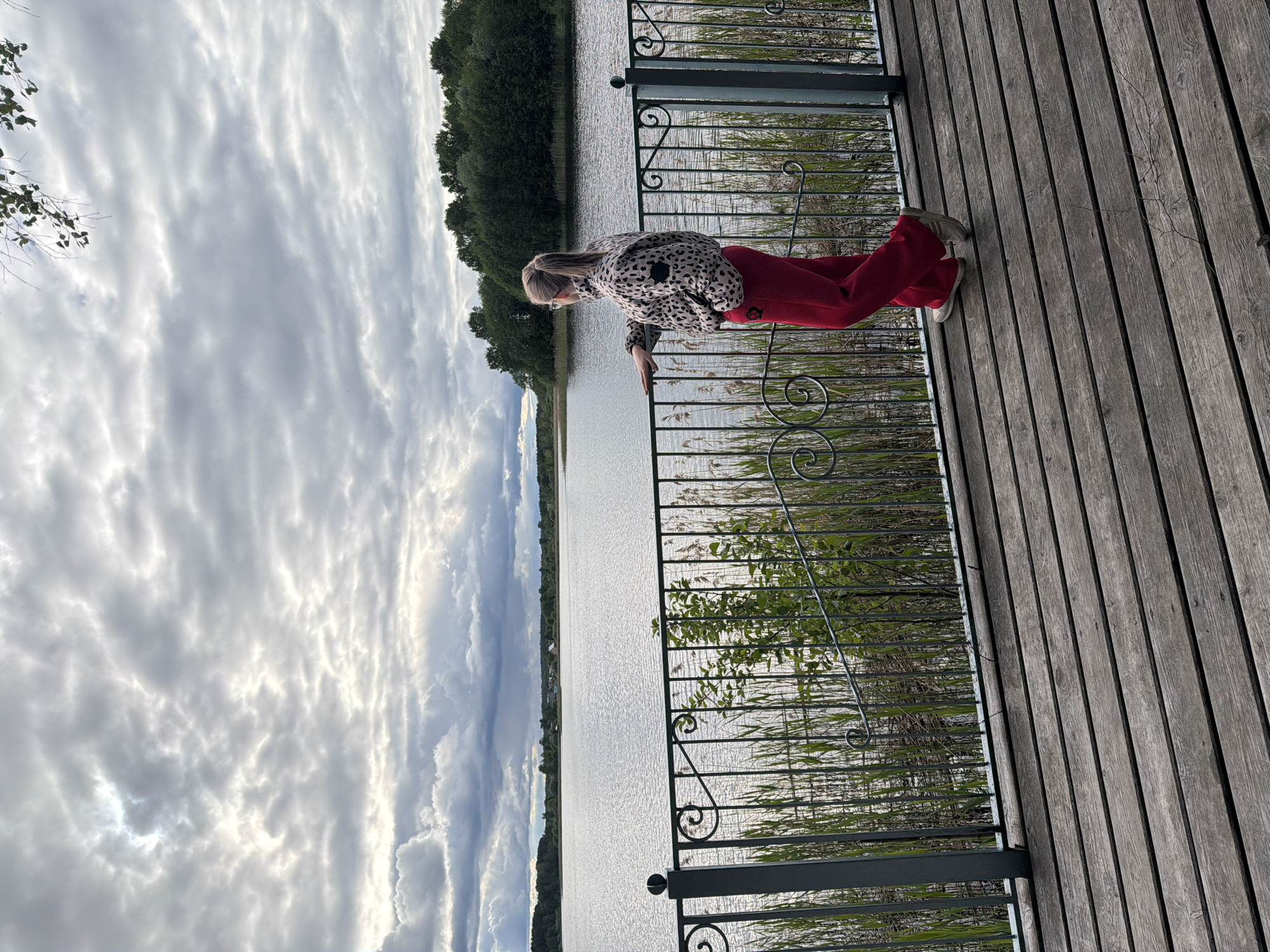 A person stands on a wooden deck with a metal railing, looking out at a body of water. The sky above is filled with cloudy patterns. Reeds grow along the water's edge. The person is wearing red pants and a patterned jacket. The location may be Zaplav'e, Russia.
