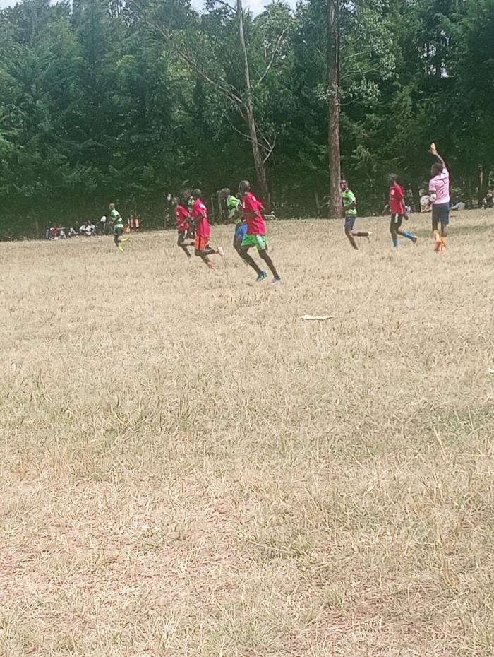 This image depicts an outdoor football match in Lwandeti ward, Kenya. The scene features a large, open field covered in dry, brownish-green grass, backed by a dense line of tall green trees. Ten individuals, primarily young males, are visible across the field. Seven players are in active motion, engaged in the football game, wearing either red or green sports shirts with dark shorts. On the far right, one player in a light pink shirt and dark shorts holds a light-colored football aloft with his right hand. In the distant left background, a small group of people are seated near the treeline, observing the match. The sky is overcast.