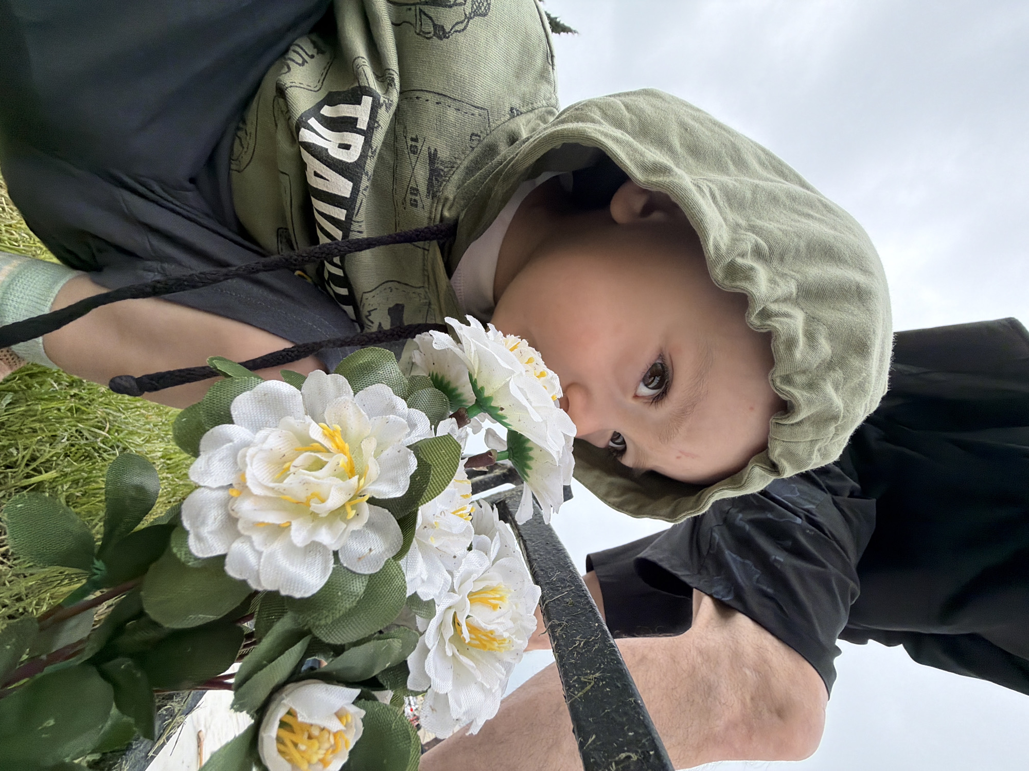 A young child wearing a green hooded sweatshirt is positioned near white flowers attached to a dark metal structure. The child gazes toward the camera. They are sitting near grass. The background is a cloudy sky. Based on the metadata, this photo was taken in Sochi, Russia.