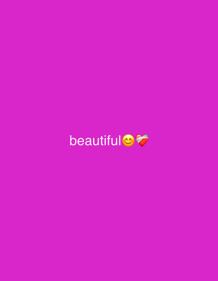 The image is a solid pink background with the word "beautiful" written in white text, followed by a smiling emoji and a heart with a bandage. The text is centered horizontally and located in the bottom portion of the image. There are no visible elements that place the image in Barden Yana, Nigeria.