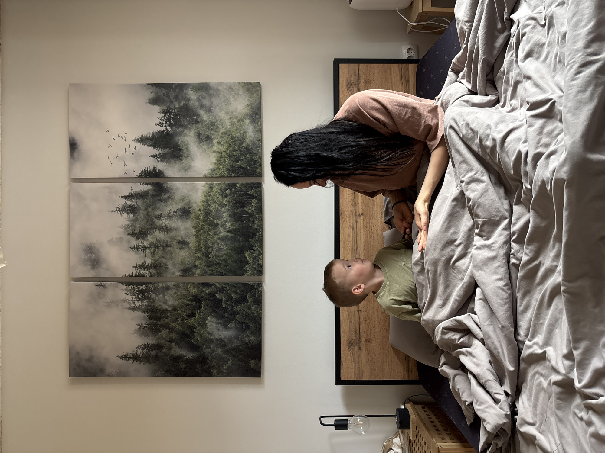 A woman and a child are sitting on a bed in a bedroom. The woman has long black hair and is wearing a pinkish-brown shirt. The child is wearing a green shirt and is looking up at the woman. The bed has a gray comforter. On the wall behind the bed is a three-panel piece of artwork depicting a forest scene. A black lamp is on the nightstand. The location of the scene is not identifiable as Chaikovsky, Russia.
