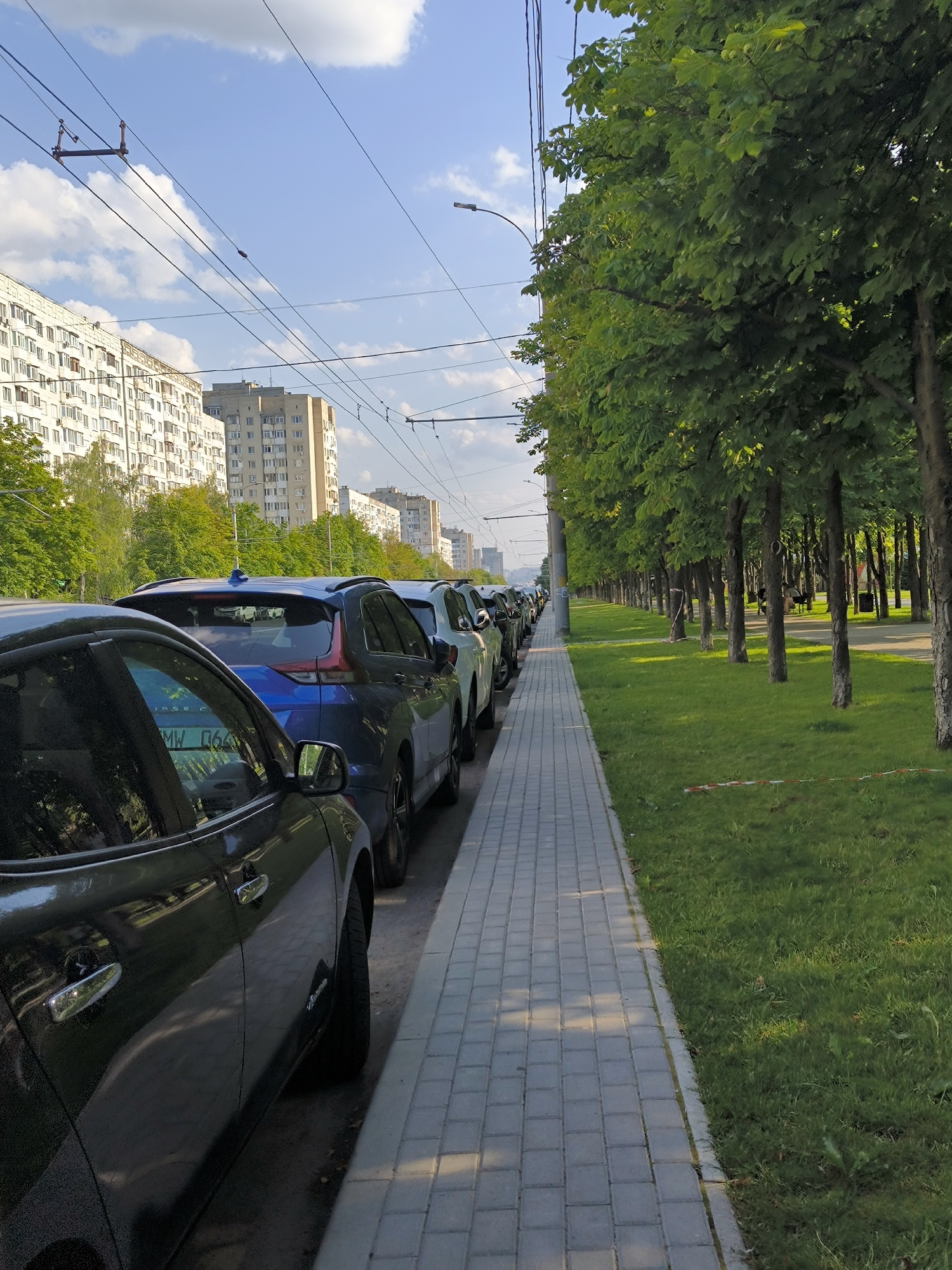 A street scene in Chișinău, Moldova, captured from a low angle. A line of cars is parked along a paved sidewalk, bordered by a grassy area with a row of mature trees. In the background, several multi-story apartment buildings are visible under a partly cloudy sky with overhead wires.