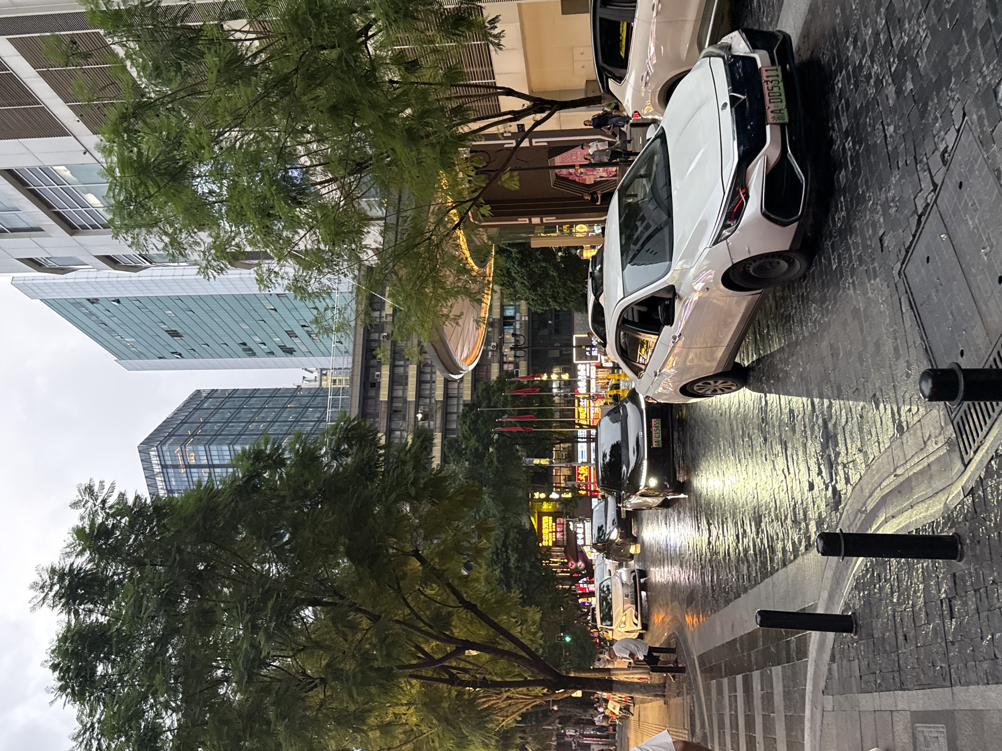 A view of a street in Yuzhong District, China, features wet cobblestone pavement reflecting the lights of passing cars and surrounding buildings. Tall modern buildings with glass facades line the street, interspersed with trees providing shade. Several vehicles, including a white sedan with license plate "A-DD5311" and a black sedan with license plate "A-C15455", are driving on the wet road. Pedestrians are visible on the sidewalk and crossing the street. Flags are planted along the street. The sky is overcast, suggesting a cloudy day or evening.