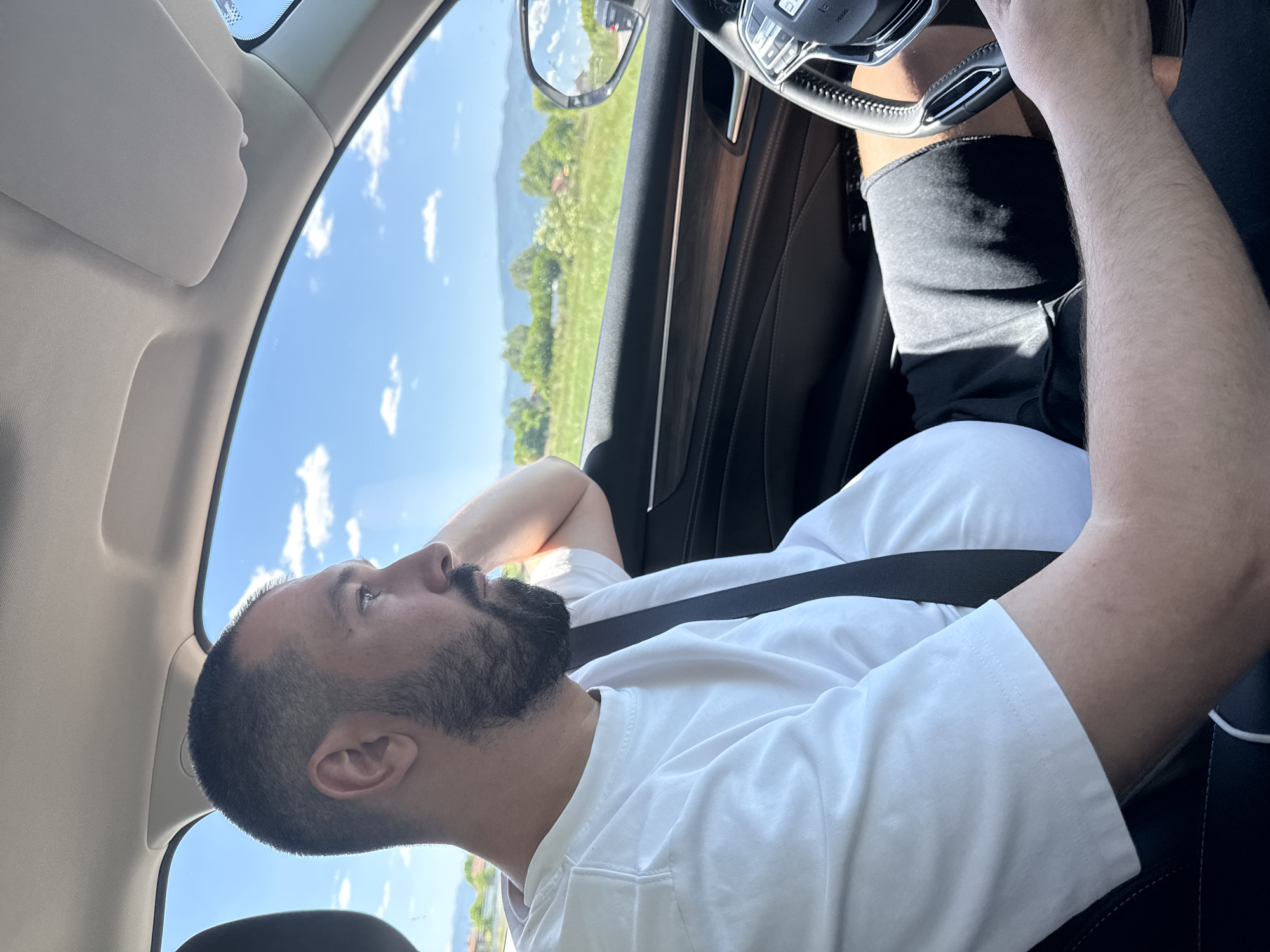 A man is seated in the driver's seat of a car, facing forward and looking toward the left. He has dark hair and a beard. He is wearing a white shirt and a seatbelt. The car's steering wheel is visible, and the scenery outside the car window consists of green fields, trees, and mountains under a blue sky with some clouds. The location is in the city of Unknown, Unknown.