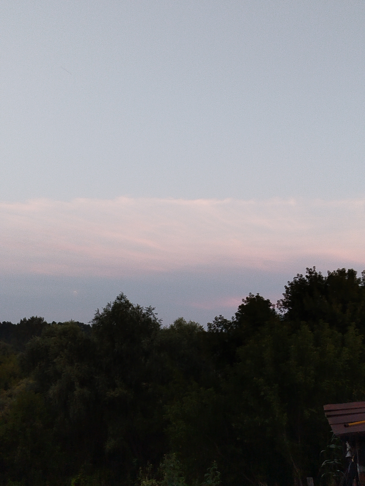 The image shows a twilight sky over a dense forest. A faint band of pinkish clouds stretches horizontally across the middle of the frame. In the upper left quadrant of the image, a small, pale circle, likely the moon, is visible. The foreground is dominated by the dark silhouettes of numerous trees, their foliage forming an unbroken expanse. In the lower right corner, a portion of a brown roof with horizontal planks is visible, suggesting the presence of a man-made structure. The scene appears to be a natural landscape, possibly on the outskirts of Zavodoukovsk, Russia, given the context. There are no people or animals visible in the image, and no actions are taking place.