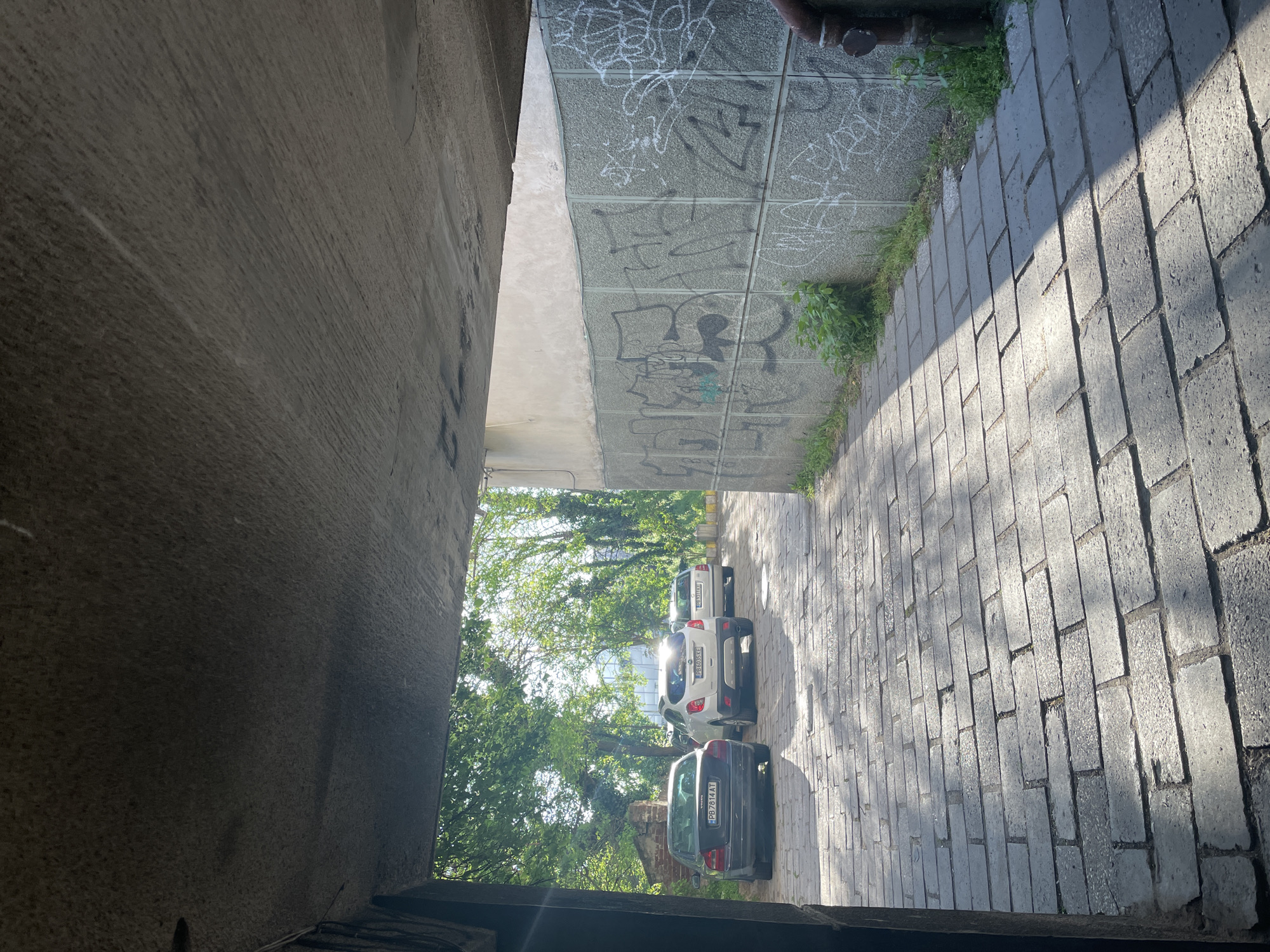 The image presents a view looking out from a shaded, narrow passage into a brightly lit urban outdoor space. On the left, a dark, rough-textured concrete wall forms one side of the passage. On the right, a lighter, gridded concrete wall is covered with numerous white and black graffiti tags, most of which are illegible stylized letters. A dark pipe is visible at the top right of this wall.
Adjacent to the gridded wall is a pathway paved with rectangular grey bricks or cobblestones, brightly illuminated by sunlight and showing distinct shadows. Small patches of green grass and weeds grow along the base of the wall.
Beyond the passage, three cars are parked on a similar paved surface. The closest is a dark grey sedan with the license plate "PB7614AT". Behind it is a white SUV/crossover with the license plate "PB093XE". The third car, a silver SUV/crossover, is partially obscured in the distance, displaying "PB4011XX" on its plate. The background is filled with lush green trees, suggesting a treed area or park beyond the parking space.
The strong sunlight and sharp shadows indicate a clear, sunny daytime. The "PB" prefix on the visible license plates confirms the location as Plovdiv, Bulgaria. No people are visible in the scene, which appears to be a functional urban alleyway or tunnel leading to a parking area.