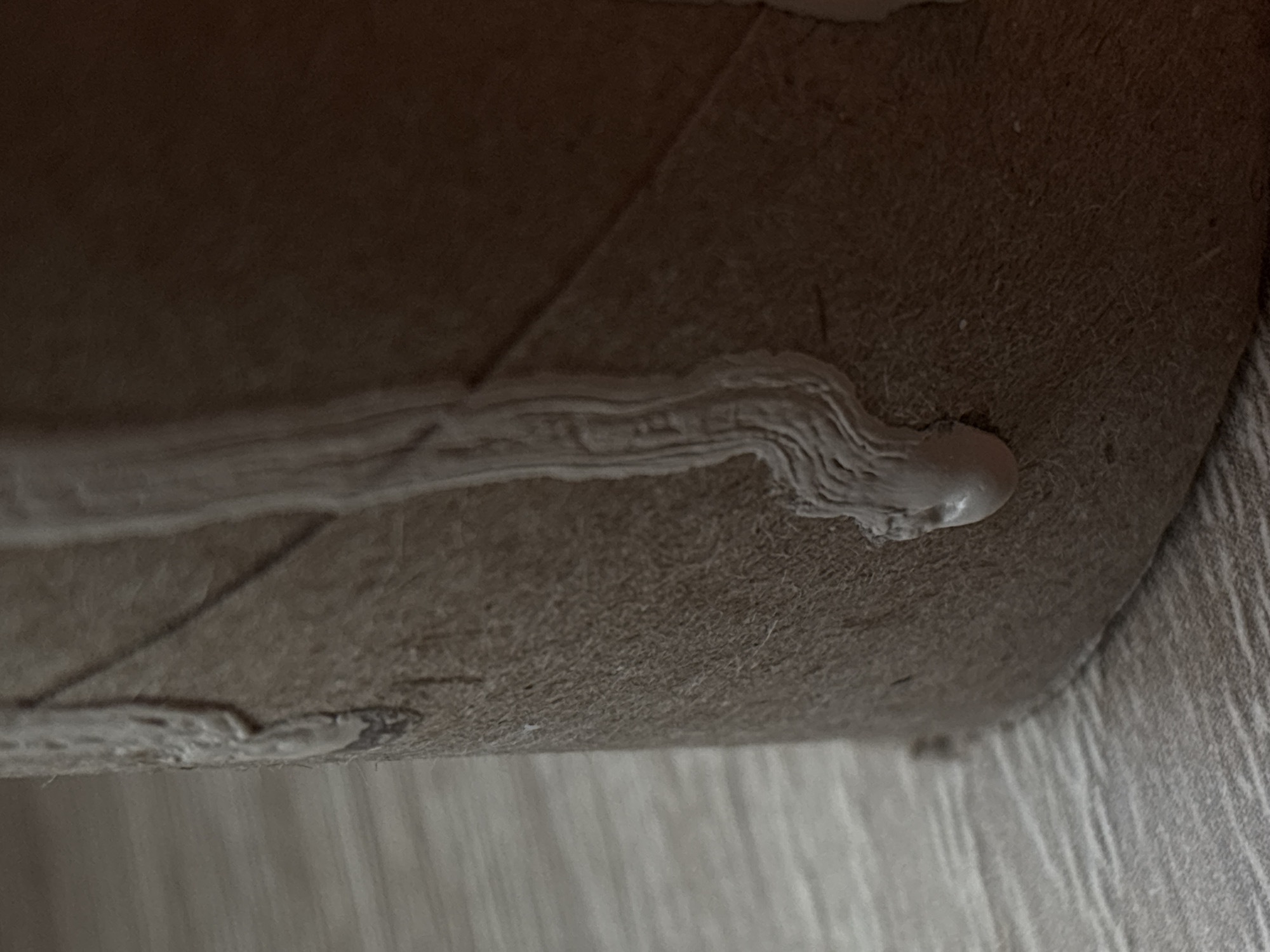 The image shows a close-up view of a cardboard tube, possibly from a toilet paper or paper towel roll. There is a light-colored substance, appearing to be some kind of sealant or adhesive, applied in a thick, stringy pattern down the side of the tube. The substance has a somewhat lumpy and textured appearance, with clear lines and ridges indicating it was dispensed from a nozzle. The cardboard tube itself has a rough, fibrous texture. The background is out of focus, but appears to be a light-colored, textured surface, possibly a wooden floor or countertop. The lighting is direct, casting some shadows and highlighting the texture of the substance and the cardboard. There are no people or other objects clearly visible in the image. The image does not contain any information that would allow for the determination of its location in Saint Petersburg, Russia.