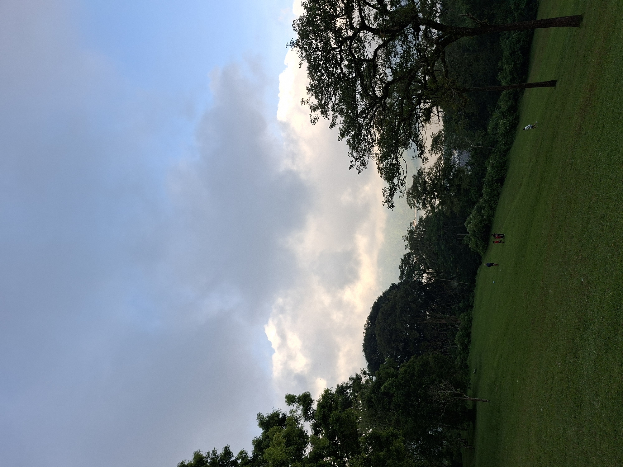 The image shows a grassy field with trees lining the edge, a sky filled with gray and white clouds above. Two people are present in the field. The picture was taken in Baturiti, Indonesia.