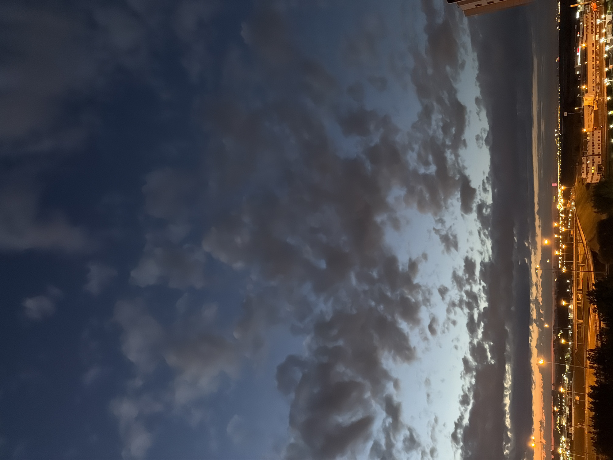 The image shows a wide shot of a cityscape at dusk. The sky is a deep blue, filled with dramatic clouds that are lit from below by the warm glow of city lights. The clouds are varied in texture and density, with some appearing light and wispy while others are dark and heavy. Below the sky, the city stretches out, a tapestry of lights. Streetlights and building lights are visible, illuminating highways and industrial areas. The foreground is dominated by dark trees, suggesting a natural element within the urban landscape. In the far distance, a faint pink glow on the horizon suggests the last remnants of sunset. The overall impression is one of a busy city transitioning into night, with the sky providing a beautiful and moody backdrop.
