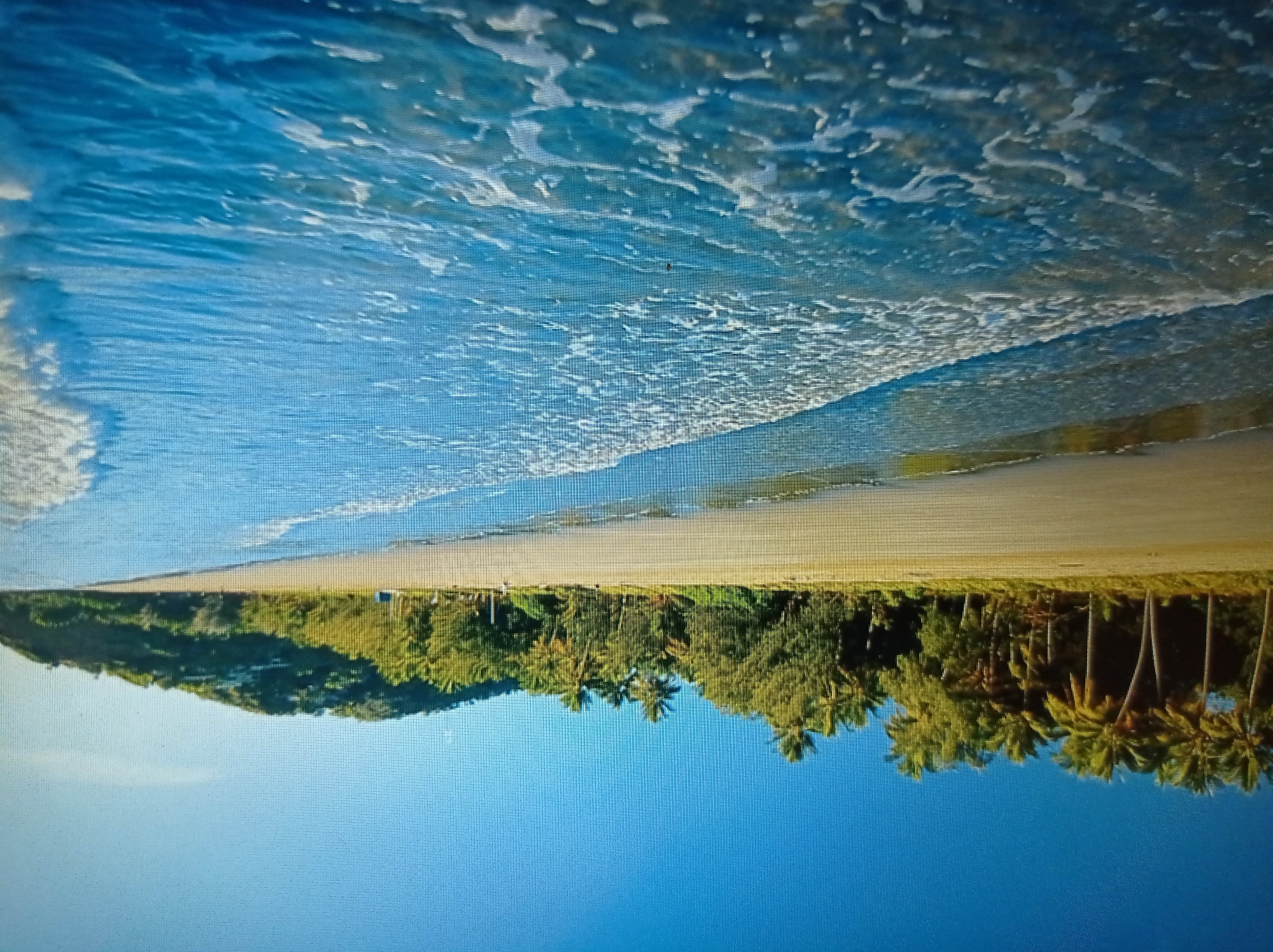 This is a scenic photograph of a tropical beach with palm trees and a clear blue sky. The ocean water is calm with gentle waves breaking on the sandy shore. In the distance, a lush green hill is visible, covered with vegetation. The image depicts a peaceful and idyllic natural environment. There are no people or man-made objects in the frame, nor is there any indication of the city of Mukachevo, Ukraine.