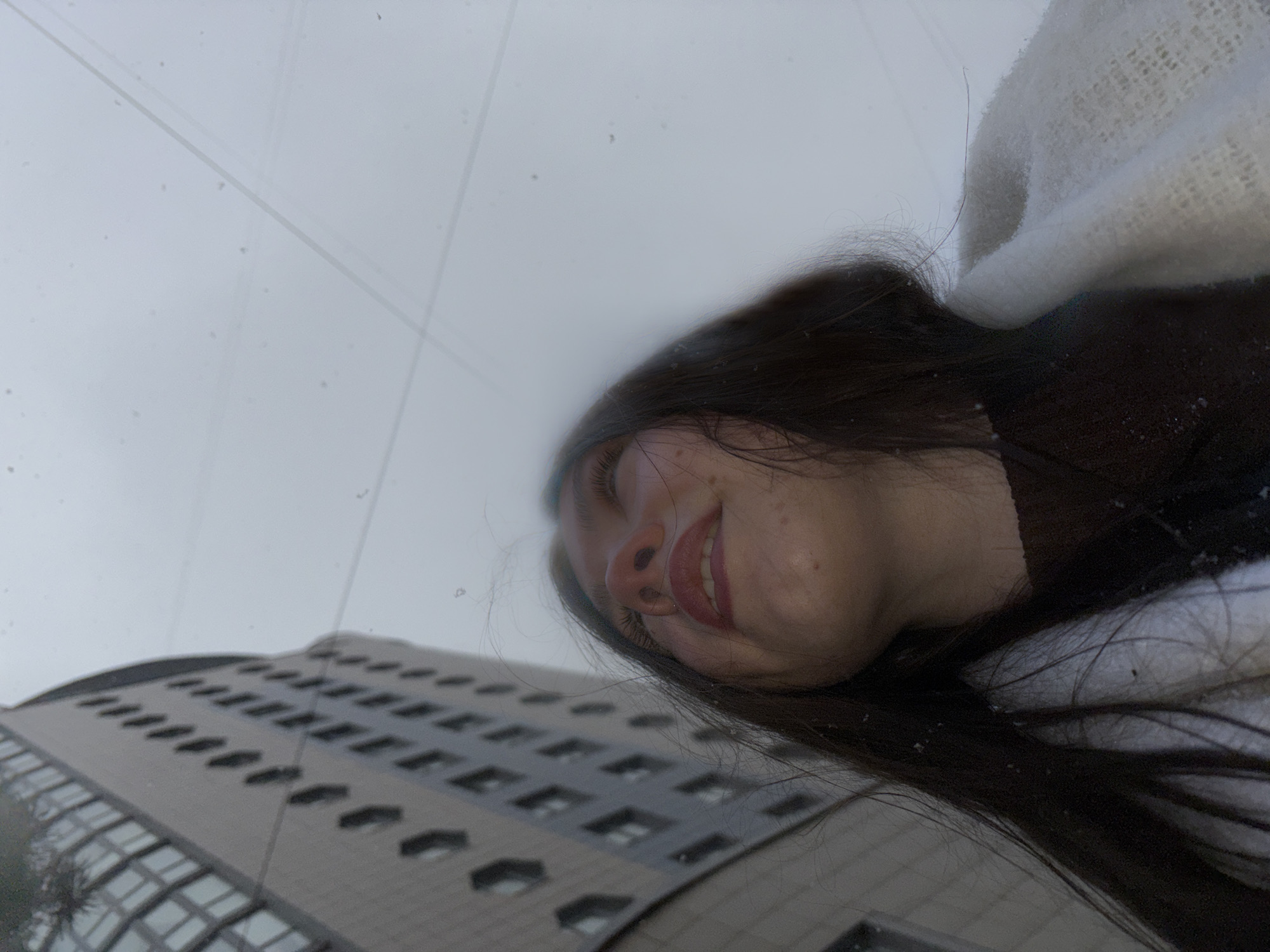 The image presents an unusual upward perspective, possibly captured through a transparent or reflective surface, with diagonal lines and small specks visible across it. The primary subject is a young woman, whose face is visible from the nose upwards, positioned in the middle-right of the frame, with her head tilted to the right. She has long, dark hair, some strands lightly dusted with small white particles, possibly snow or dust. Her eyes are closed, and a gentle smile plays on her lips, conveying a sense of serenity or happiness. She wears a dark garment and a light-colored, possibly white, knitted scarf or shawl around her neck and shoulder.
In the blurred background, or reflected within the surface, is a large, modern building. It is a multi-story structure with numerous rectangular windows arranged in a grid pattern across its facade. The building has a grayish-beige hue and features a subtle curved element at its top. The soft, diffused lighting suggests an overcast day. No discernible text is visible within the image. The scene combines a peaceful human element with an urban architectural backdrop, hinting at a cold weather setting due to the particles on the hair.